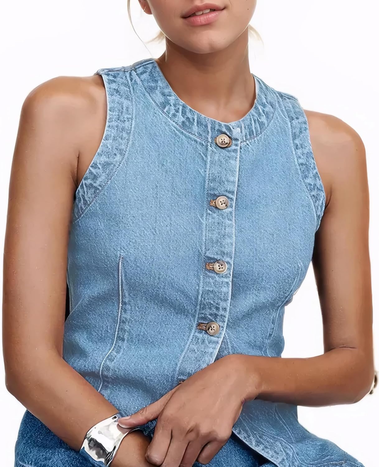D-Sun Women Denim Vest Sleeveless Crewneck Button Down Jean Waistcoat Casual Front Slit Slim Denim Tank Top - Image 4
