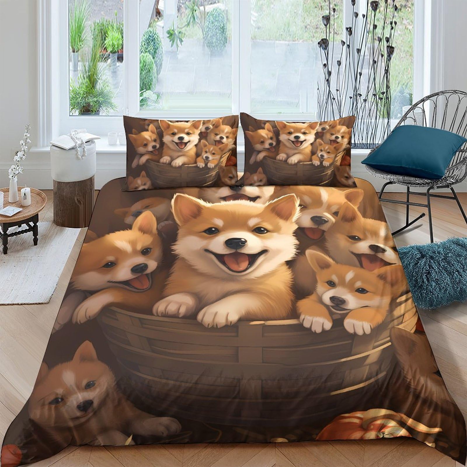 Ctjqhvkz Style-10 3D Printed Shiba Inu Puppy Fitted Sheet Microfiber Soft Non Slip Dog Basket Bed Cover For Bedroom Guest Room Single（135X200cm）