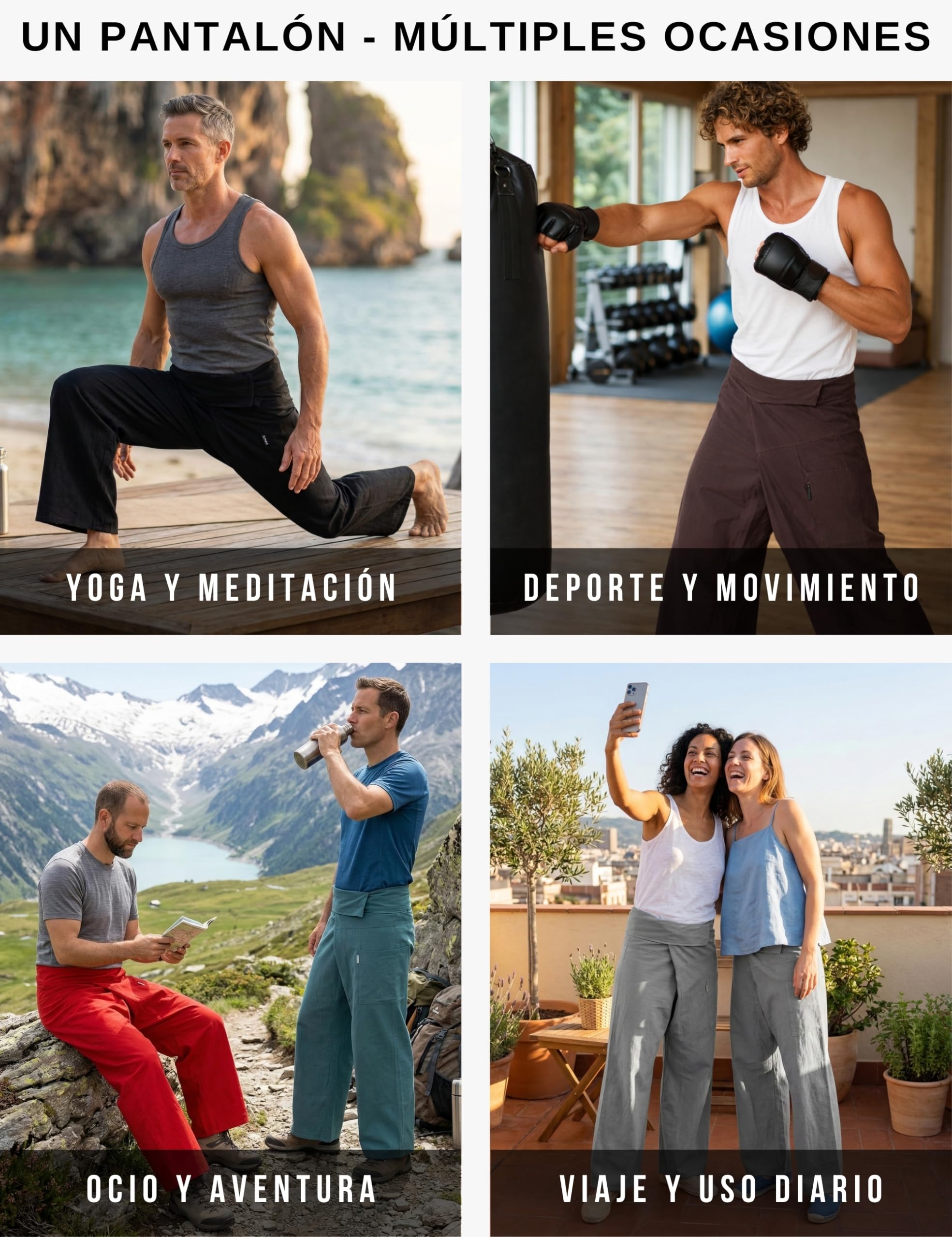 PANASIAM Pantalón Pescador tailandés de algodón para Mujer y Hombre - Pantalón tailandés Ancho Unisex con Ajuste Flexible en 2 Largos - Ideal para Yoga y Artes Marciales