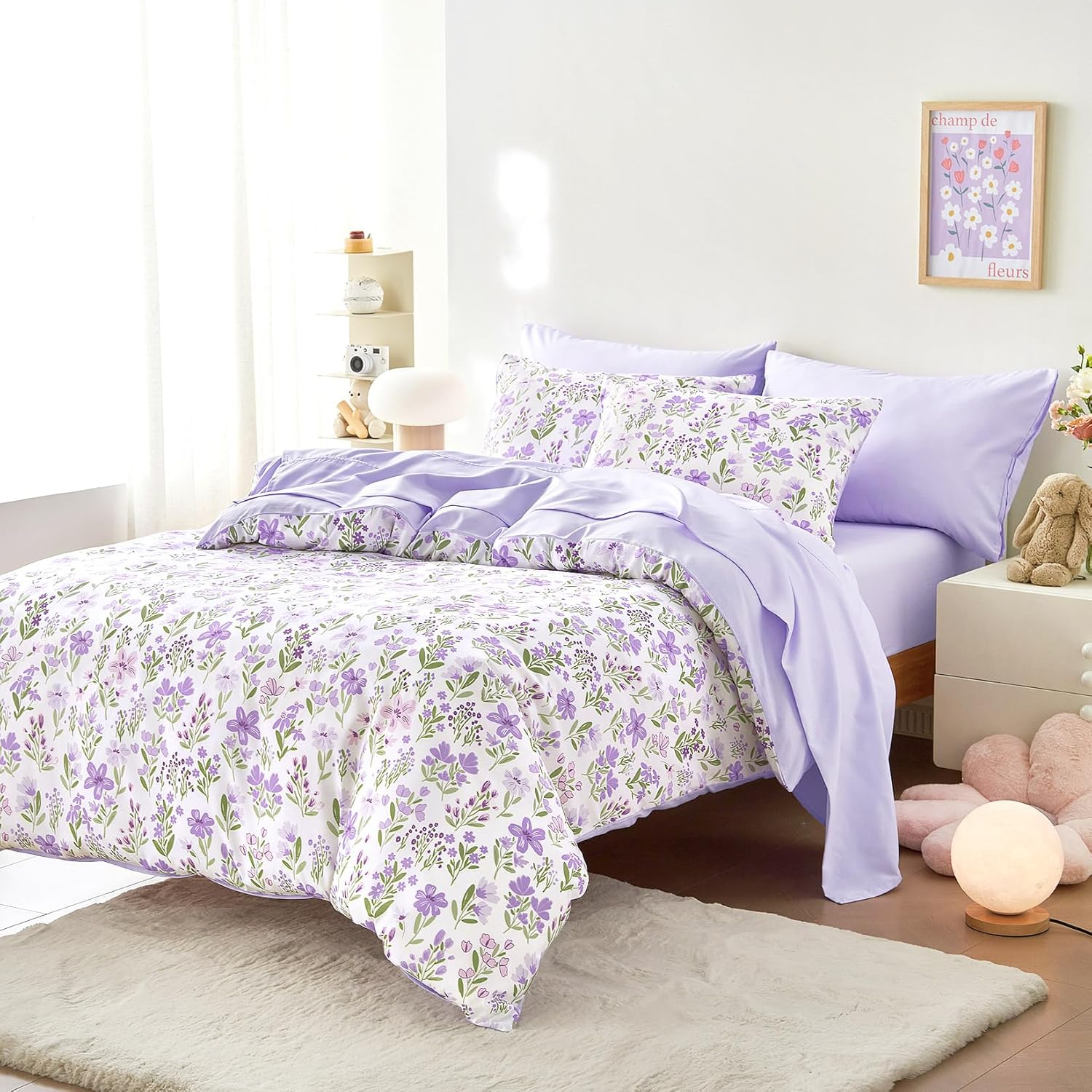 Wake In Cloud - Floral Bedding Set for Girls, Cute Colorful Botanical Flowers Patterned Soft Lightweight Comforter Set with Sheets, 5 Pieces Kids Bed in a Bag, Purple White, Twin Size