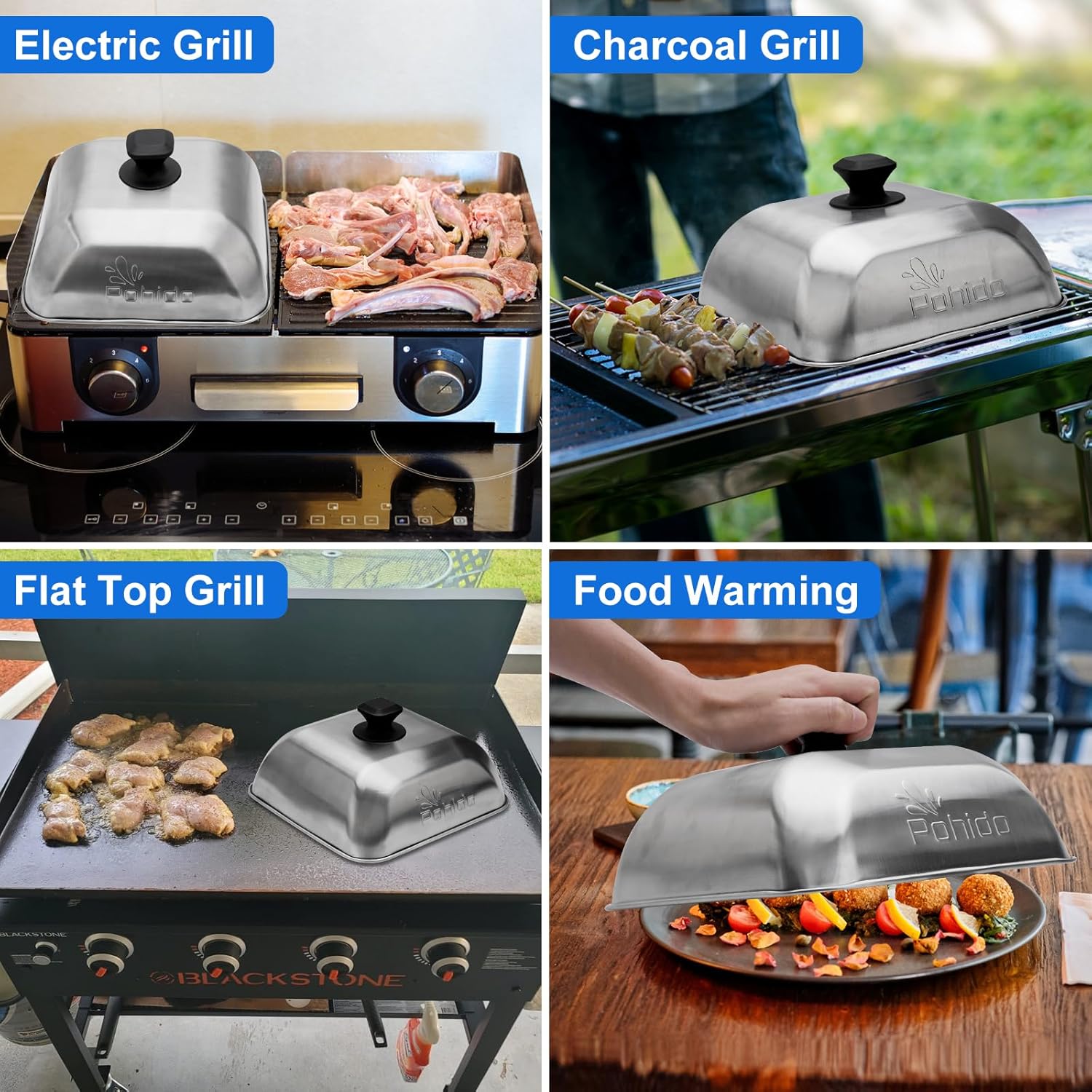 2-Pack Square Basting Covers for 10"x10" Pans- Lightweight Stainless Steel Cheese Melting Lids with Heat-Resistant Handles for Blackstone Griddle, Flat Top Grill, Camping & Home