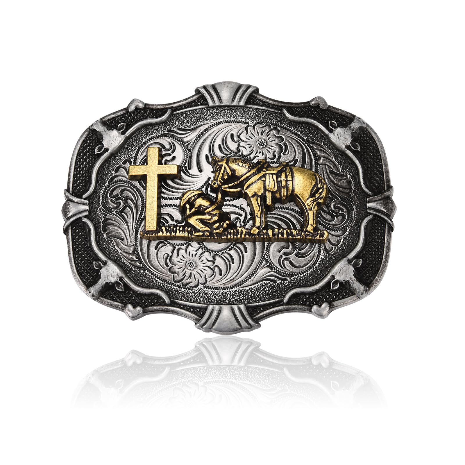 MUSVIKY Western Belt Buckle Cowboy Rodeo Religion Faith Celtic Cross Horse Horseman Design Belt Buckle for Men Cowboy