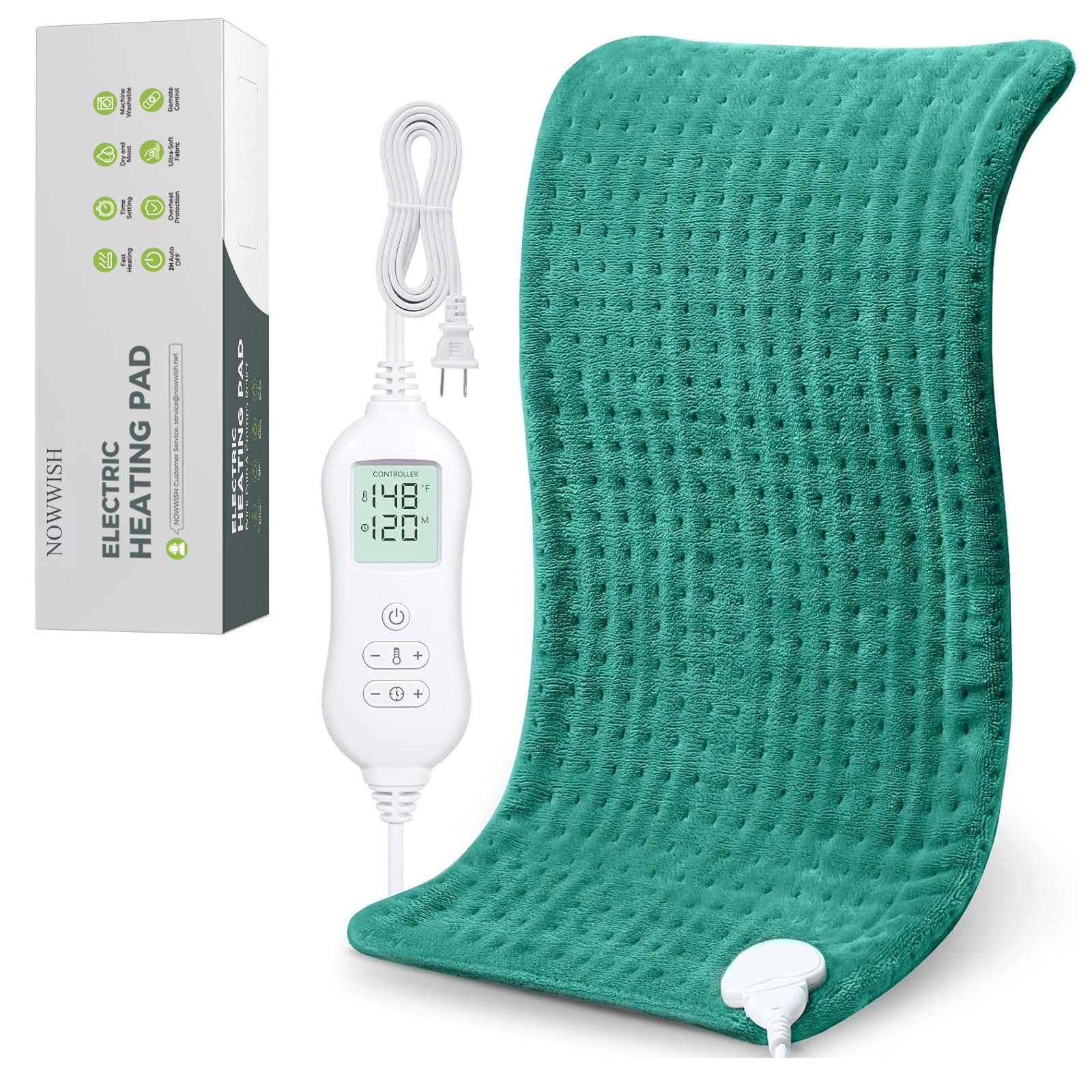 NOWWISH Heating Pad for Back Pain Relief & Period Cramps, 12x24 Inches Electric Heating Pad with 10 Heat Settings, Timer and Auto Shut-Off, Machine Washable, Valentines Day Gifts for Her, Green