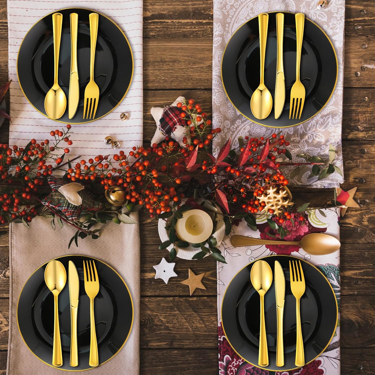 Hushee 250 Pcs Halloween Black and Gold Plates Bulk Dinnerware Set Gold Edge Disposable for 50 Guests Include 10.25" 7.5" Plastic Dinner Knives Fork Spoon for Wedding Wedding Christmas Party(Black)