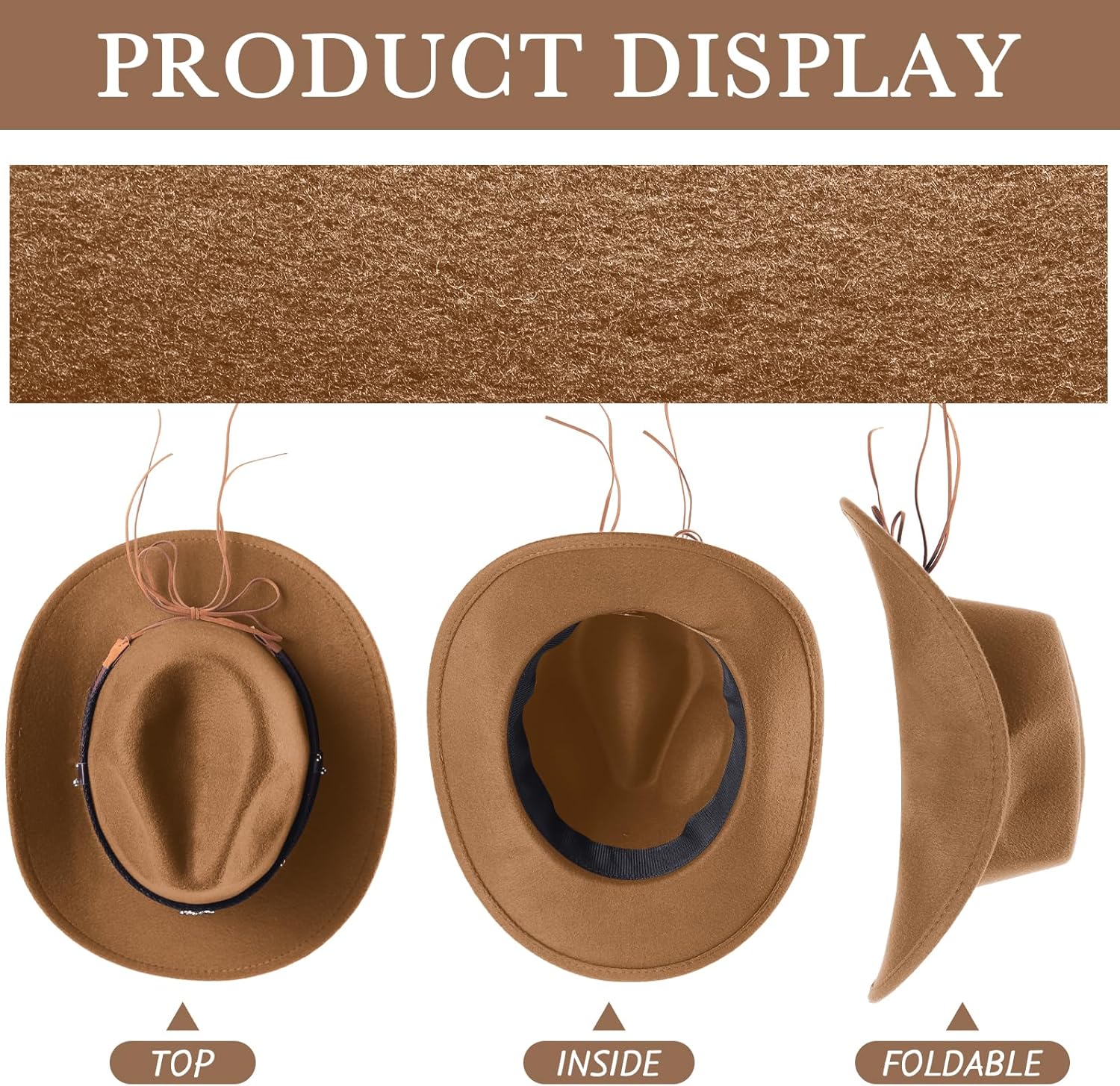 Toulite 9 Pcs Western Cowboy Hat Fur Faux Felt Hats Travel Cap with Strap for Men Women Cowgirl Party Cosplay Costume - Image 4
