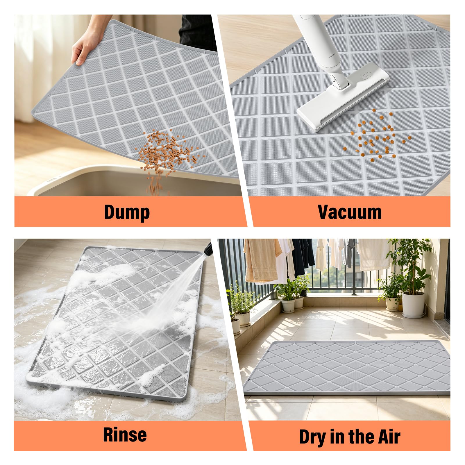 Grand tapis de gamelle pour chien avec brosse Gris 127 x 89 cm