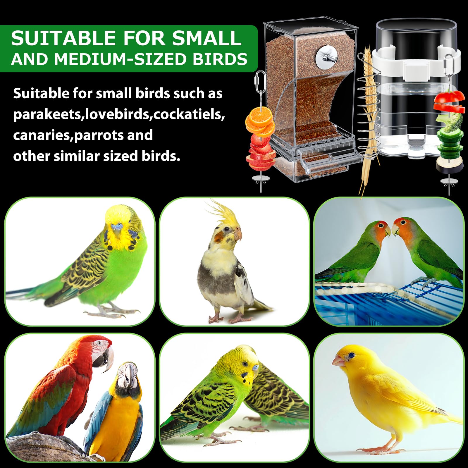 Jingmore Vogelfutterspender für Vögel, automatisch, transparent, für Papageien, Käfigzubehör, Edelstahl, für Papageien, Obst, Gemüse, Futtersuche für Lovebirds Wellensittiche Kanarienvögel, Finken, 7