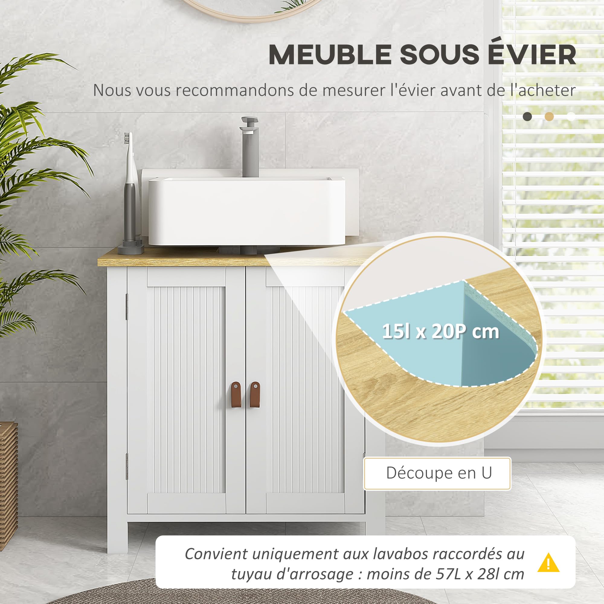 kleankin Meuble sous-Vasque, Meuble sous-Vasque pour Salle de Bains, 2 Portes, étagère réglable, 2 étagères intérieures, poignées PU, 60 x 30 x 60 cm, Blanc