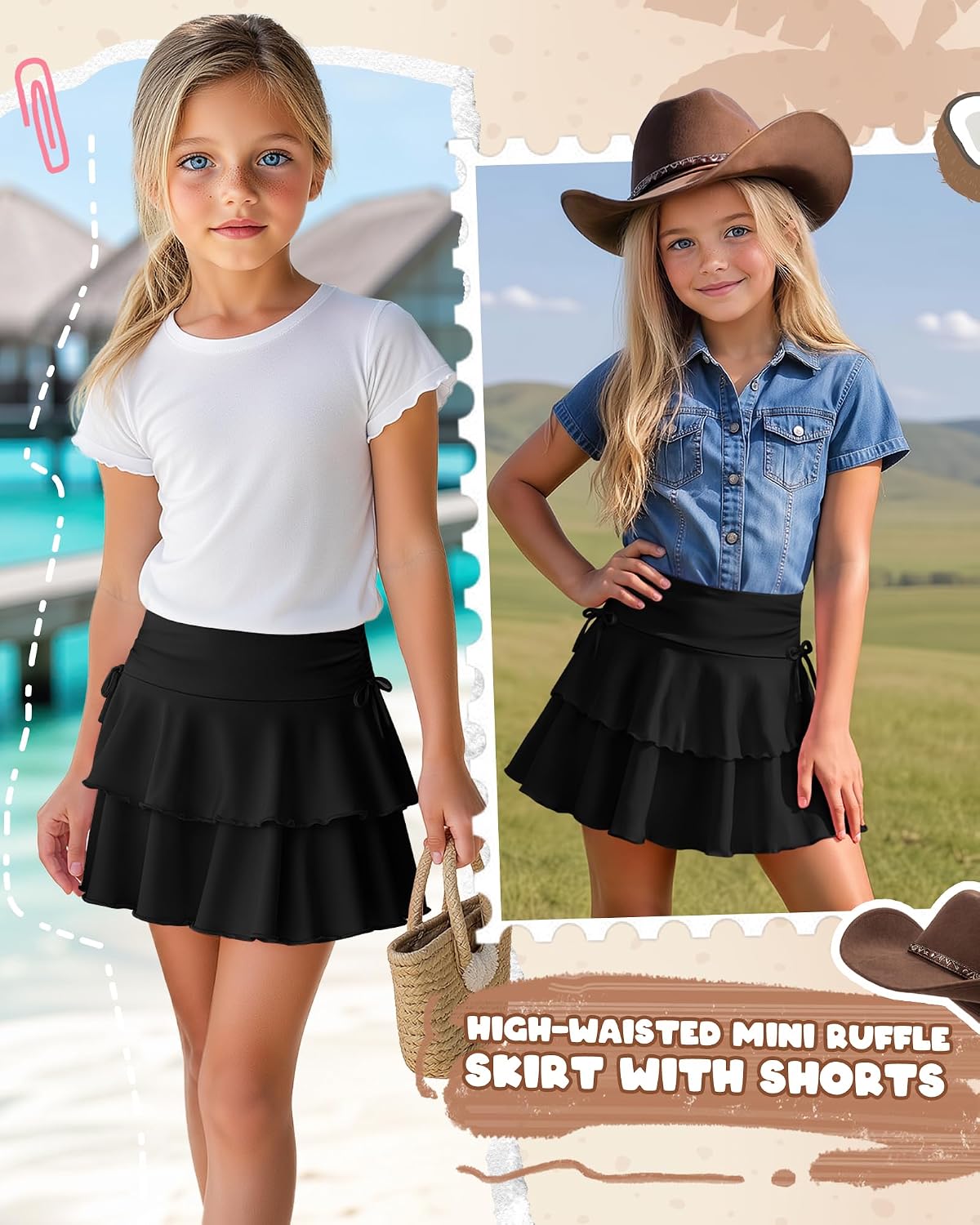 Girl's Mini Skirt Ruffle Layered Y2K Skort High Waisted Flowy Uniform Casual Cute Bow Skirt with Shorts Underneath