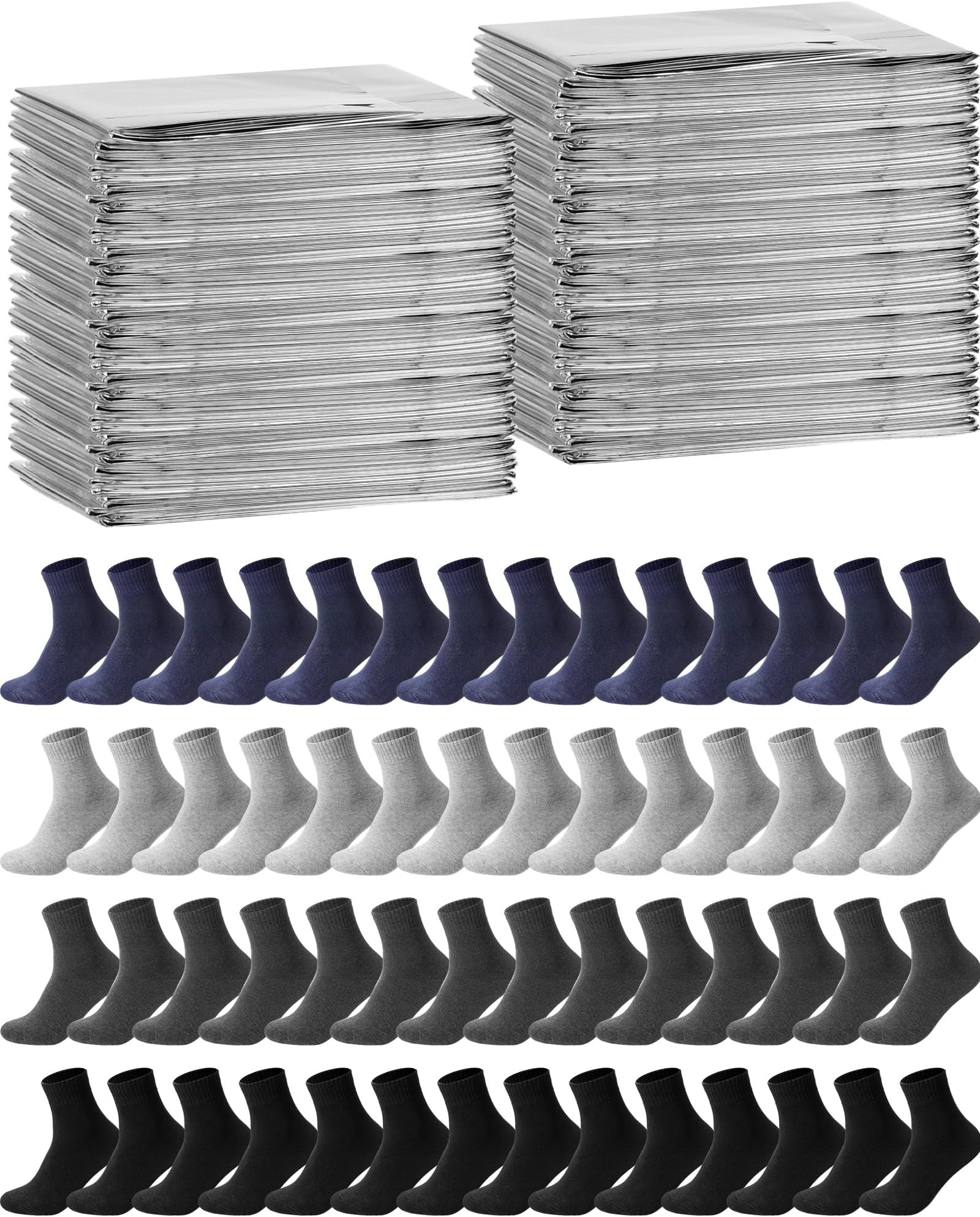96 Pcs Winter Survival Kits Include 48 Pcs Emergency Blankets (83''x 63'') & 48 Pairs Warm Winter Wool Sock Survival Blanket Thick Boot Sock Bulk for Homeless Care Packages,Outdoor Camping