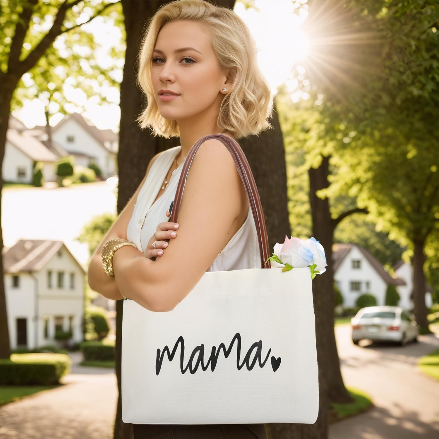 Lystaii 1 PCS Mom Mama Bag Canvas Mama Tote Bag Reusable Grocery Mom Bag Mom Life Tote Bags Women Big Reusable Shopping Bags for Mother’s Day Gifts Mom Birthday Presents Holiday Travel, Medium, White - Image 7