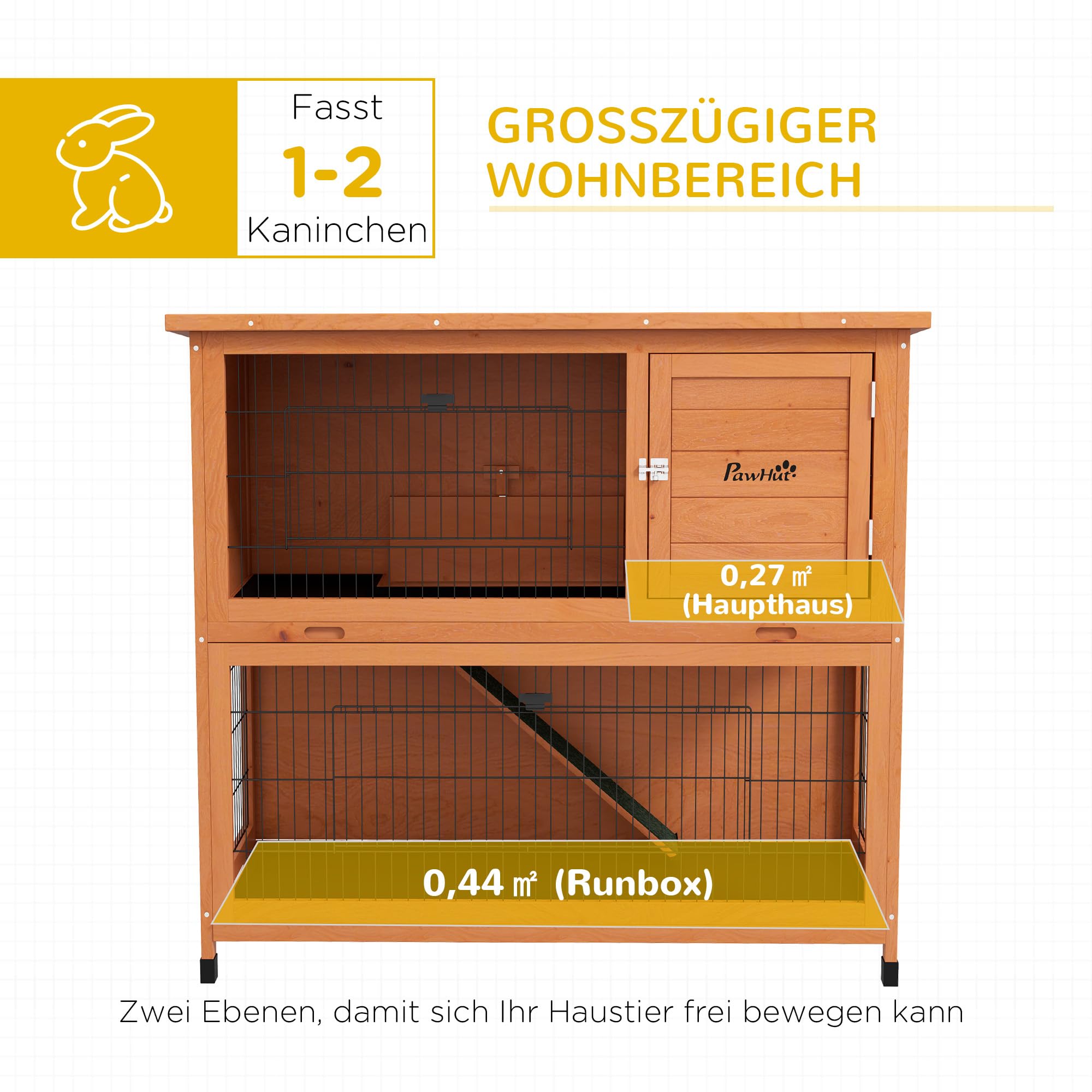 PawHut Drewniany domek dla królików, 2-poziomowy domek dla małych zwierząt z paletami, rampa, domek dla małych zwierząt z zewnętrznym wybiegiem, dachem asfaltowym dla 2 królików, pomarańczowa, 123 x