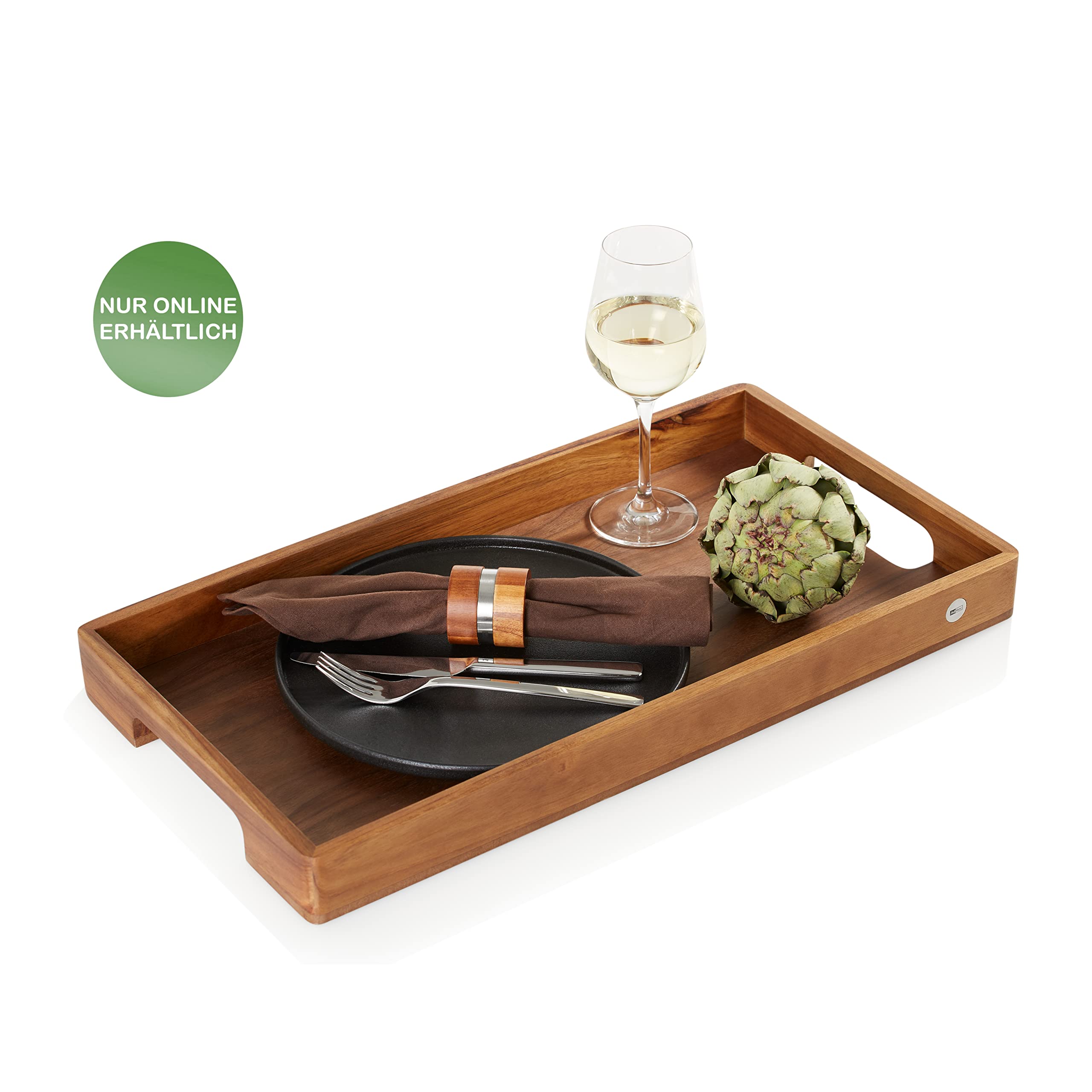 AdHoc Serve Smart Holztablett mit Griff, Serviertablett | Großes Tablett aus Akazienholz mit walnussfurniertem Boden, 56 × 30 cm