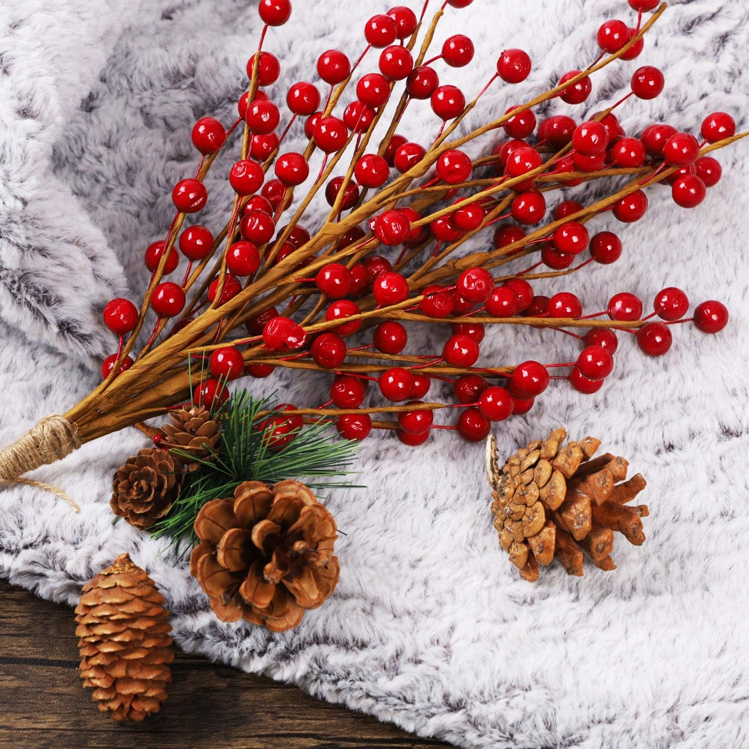 DR.DUDU 12 Red Holly Berry Stem Picks - Decorative Wire Stem Branch Sprays for Christmas Tree Decoration, Holiday Decor, Silk Flower Arrangements, Home DIY Crafts