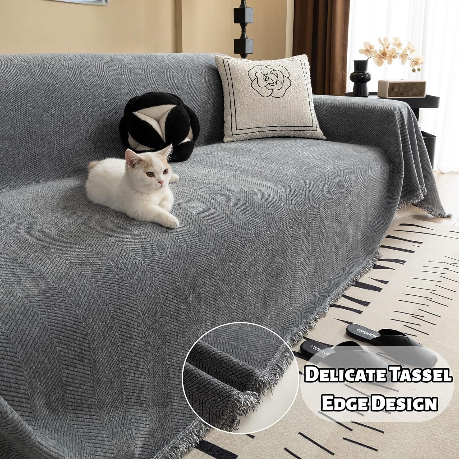 Chenille Couch Cover for 2/3/4 Cushion Sofa - Thickened Non-Slip Sofa Cover for Dogs & Pets - Soft Boho Furniture Protector with Tassels, Washable for Sectional, L-Shape, Loveseat