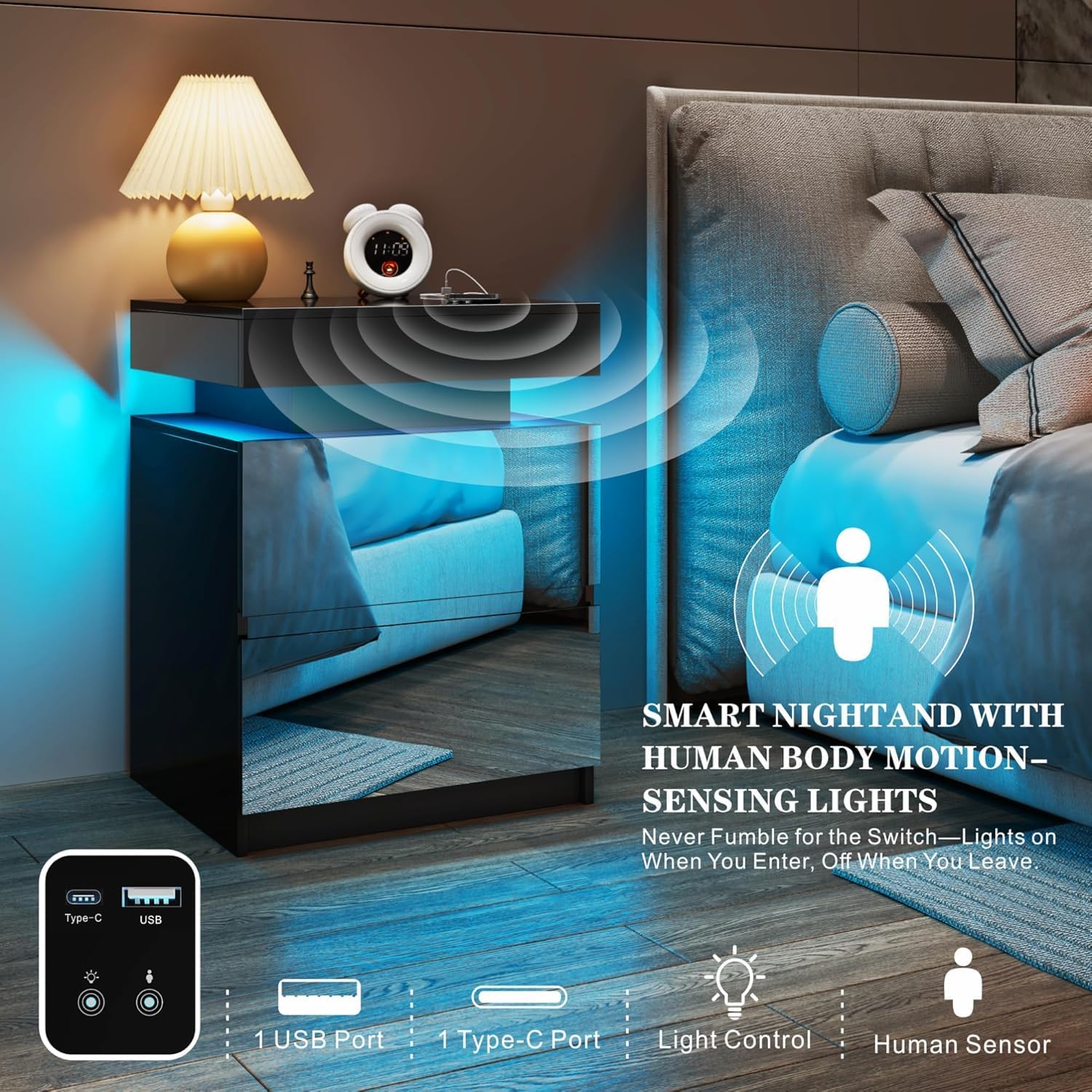LED Nightstand Set of 2 - Bedside Table with Charging Station and 2 Mirrored Drawers Sliding Top with Magnetic Lock - Modern Night Stand for Bedroom & Living Room - Black