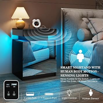 LED Nightstand Set of 2 with Motion Sensor and USB Type-C - Black