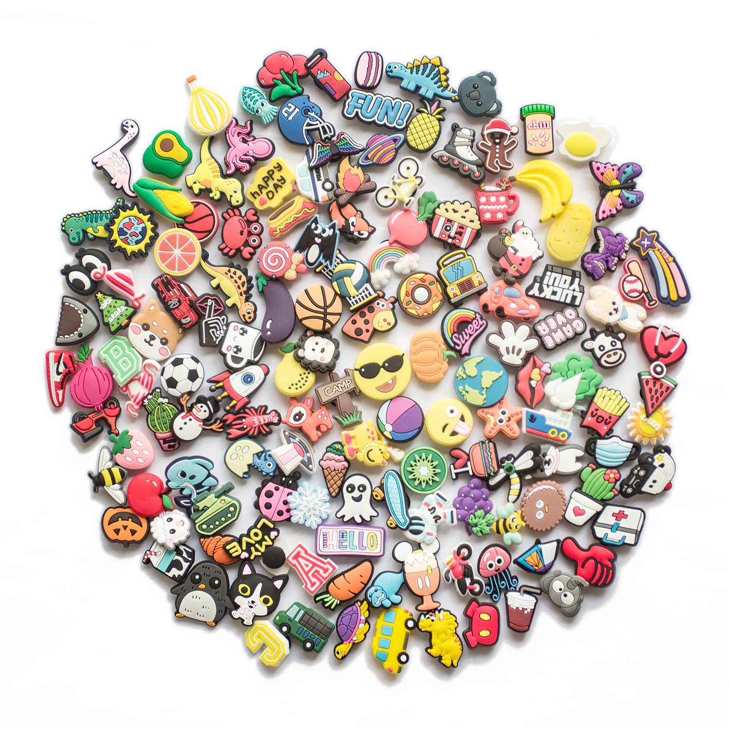 Lenreta Lot of 50,100 PCS Different Shaped PVC Shoe Charms for Shoe Decoration+3 PCS Shoelace Adapters,Charms for…