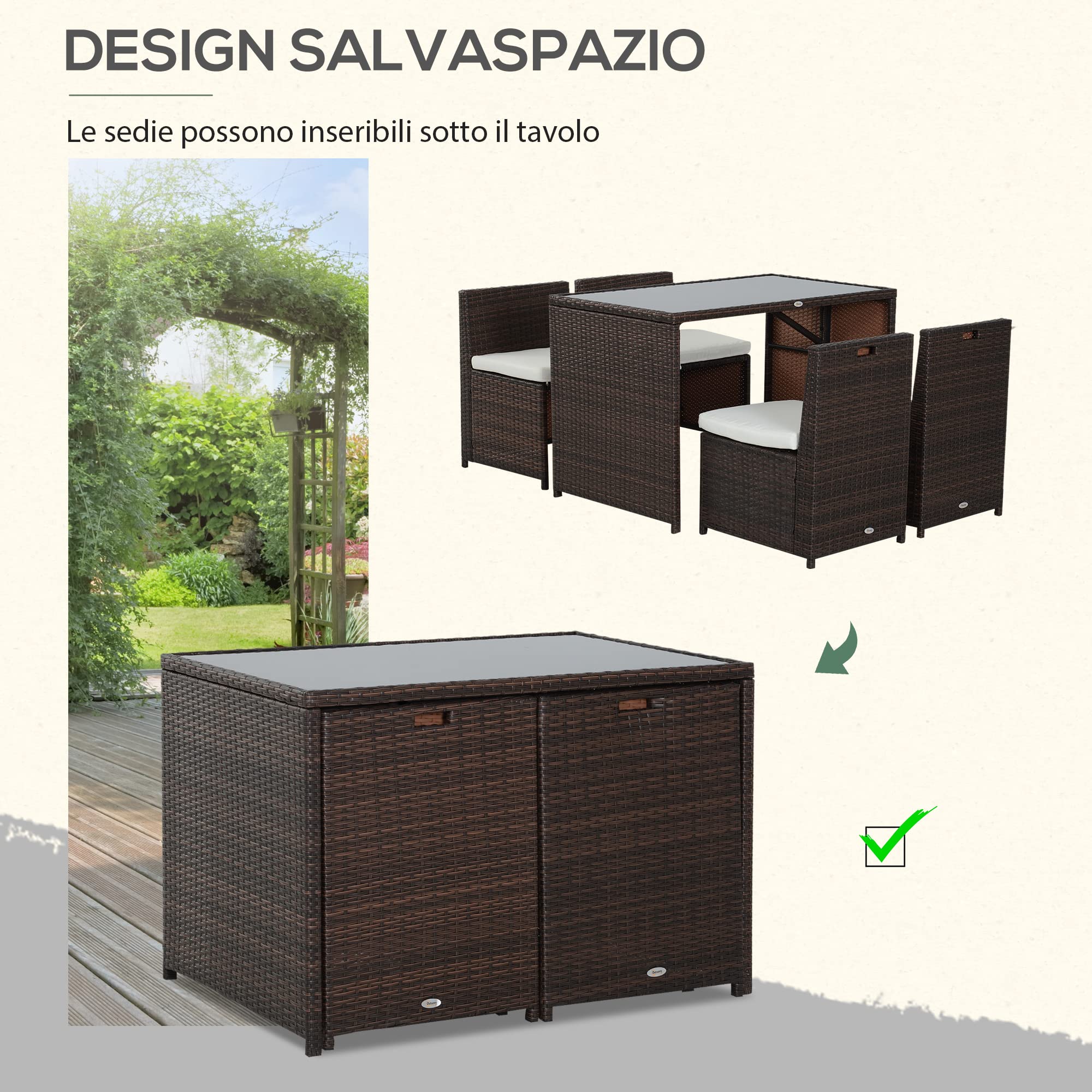 Outsunny Set Mobili da Giardino in Rattan 5pz Tavolo Pranzo 4 Sedie con Cuscini