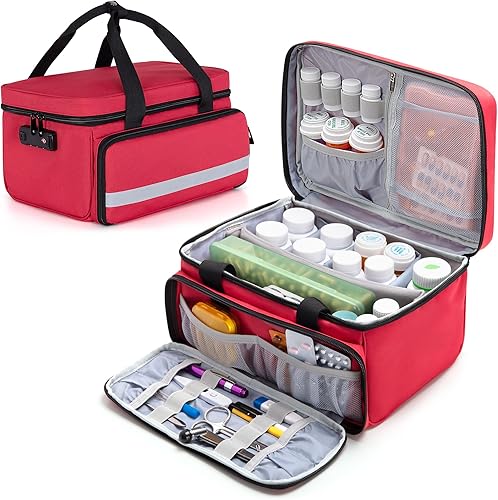 CURMIO Organizador de botellas de píldoras, bolsa de medicina con cerradura para biberones recetados y botiquines de primeros auxilios, color rojo
