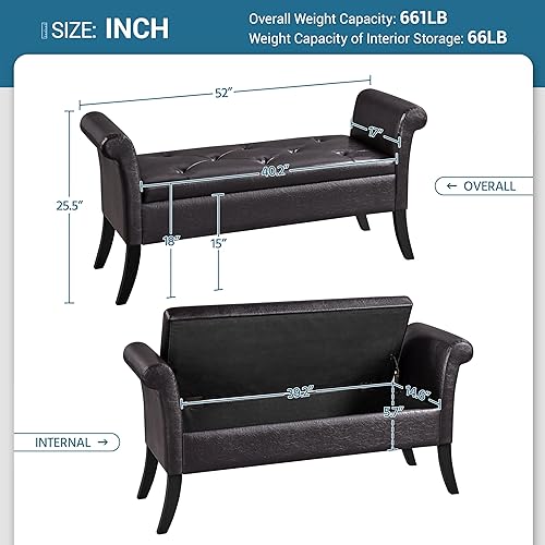 Miniatura 2 de Yaheetech Otomana con almacenamiento, banco otomano de almacenamiento de piel sintética de 52 pulgadas con bisagra de seguridad, banco tapizado con