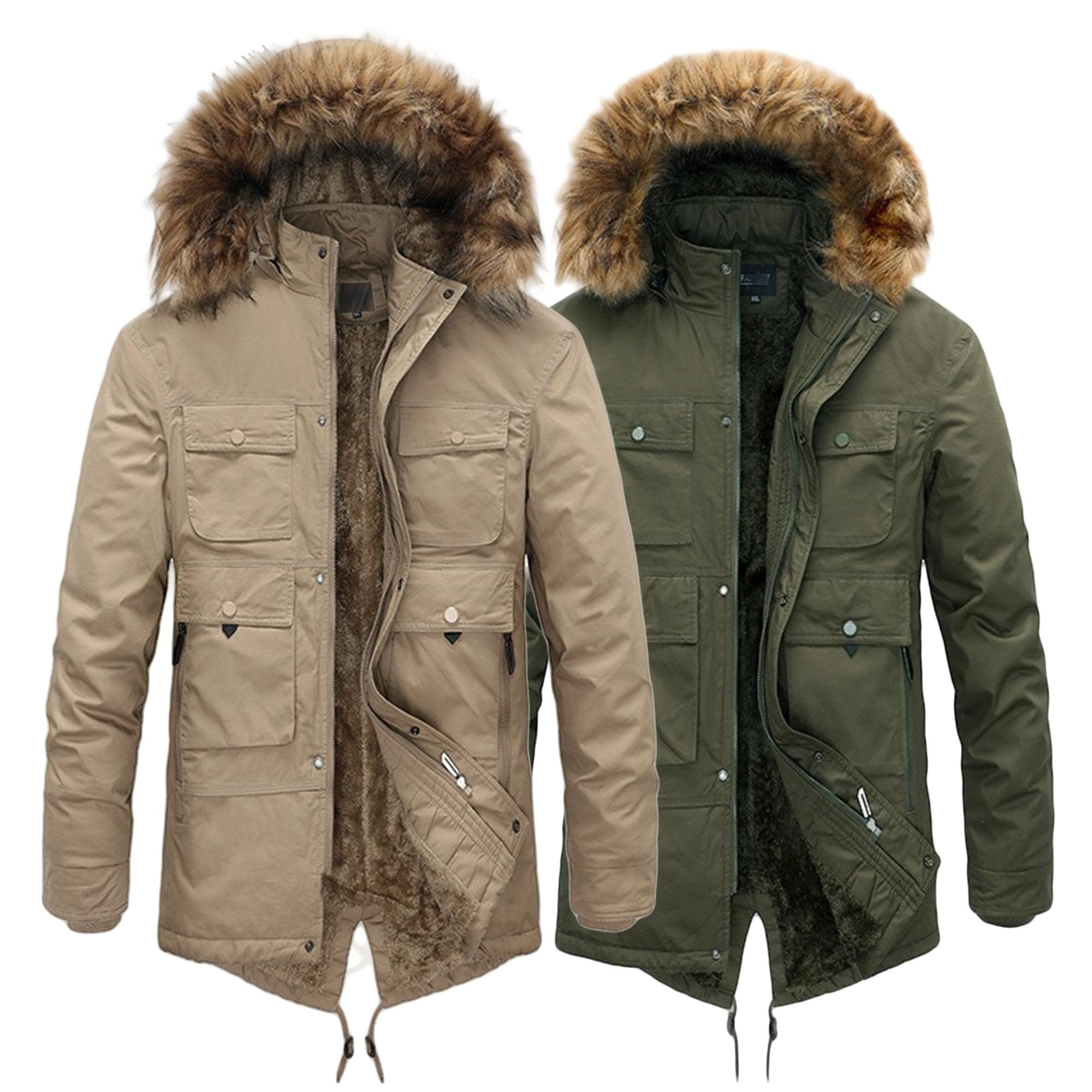 ZDJSWJ hombres lana engrosada cortavientos pelusa piel capucha larga Paka Puff Parka esquí impermeable invierno