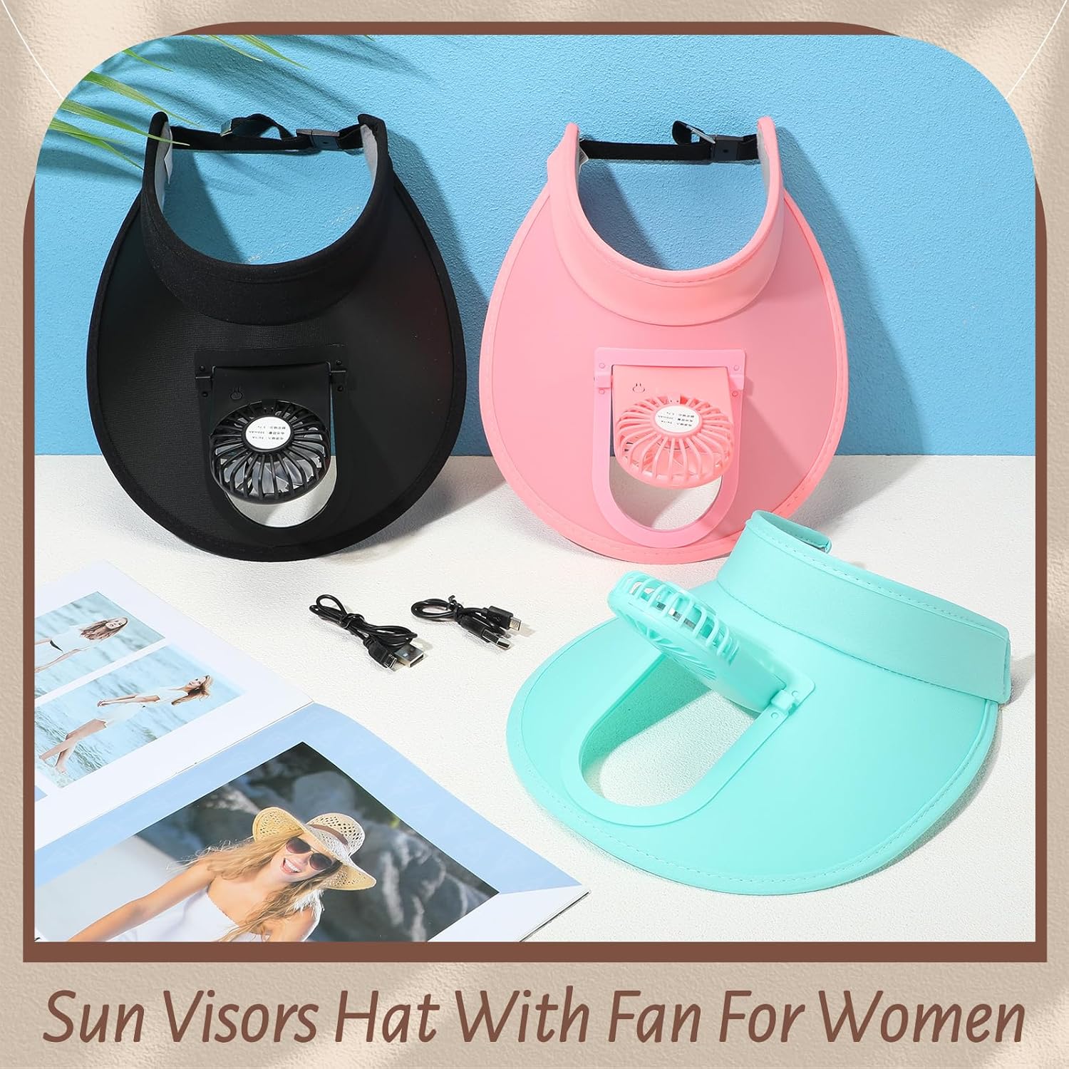 Maiteenly 3 Pcs Sun Visor Hat with Fan, Three Temp Settings, Large Area Sun Protection, Adjustable Visor with Fan for Women