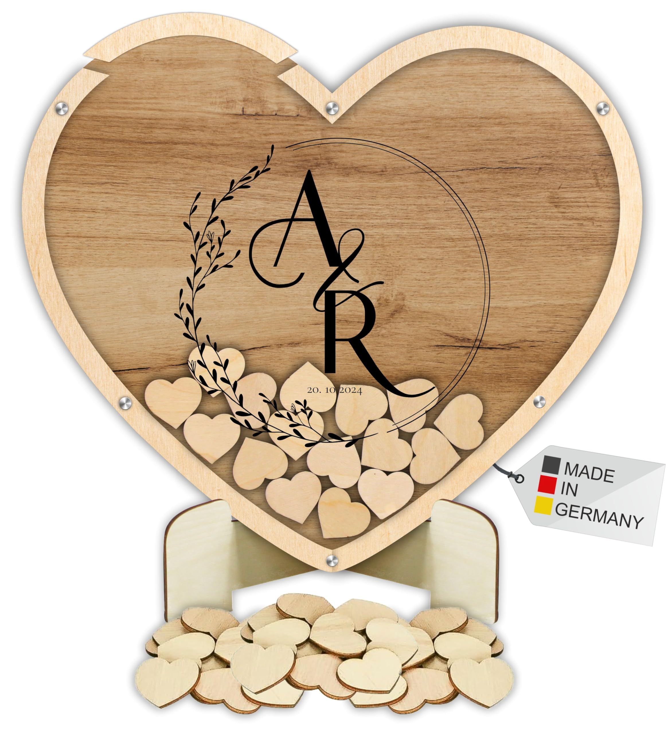 Manschin-Laserdesign Gästebuch Drop in aus Holz und Acrylglas zur Hochzeit, personalisiert, Wunschgravur, Wunschfarbe inkl. Herzen (Holz)