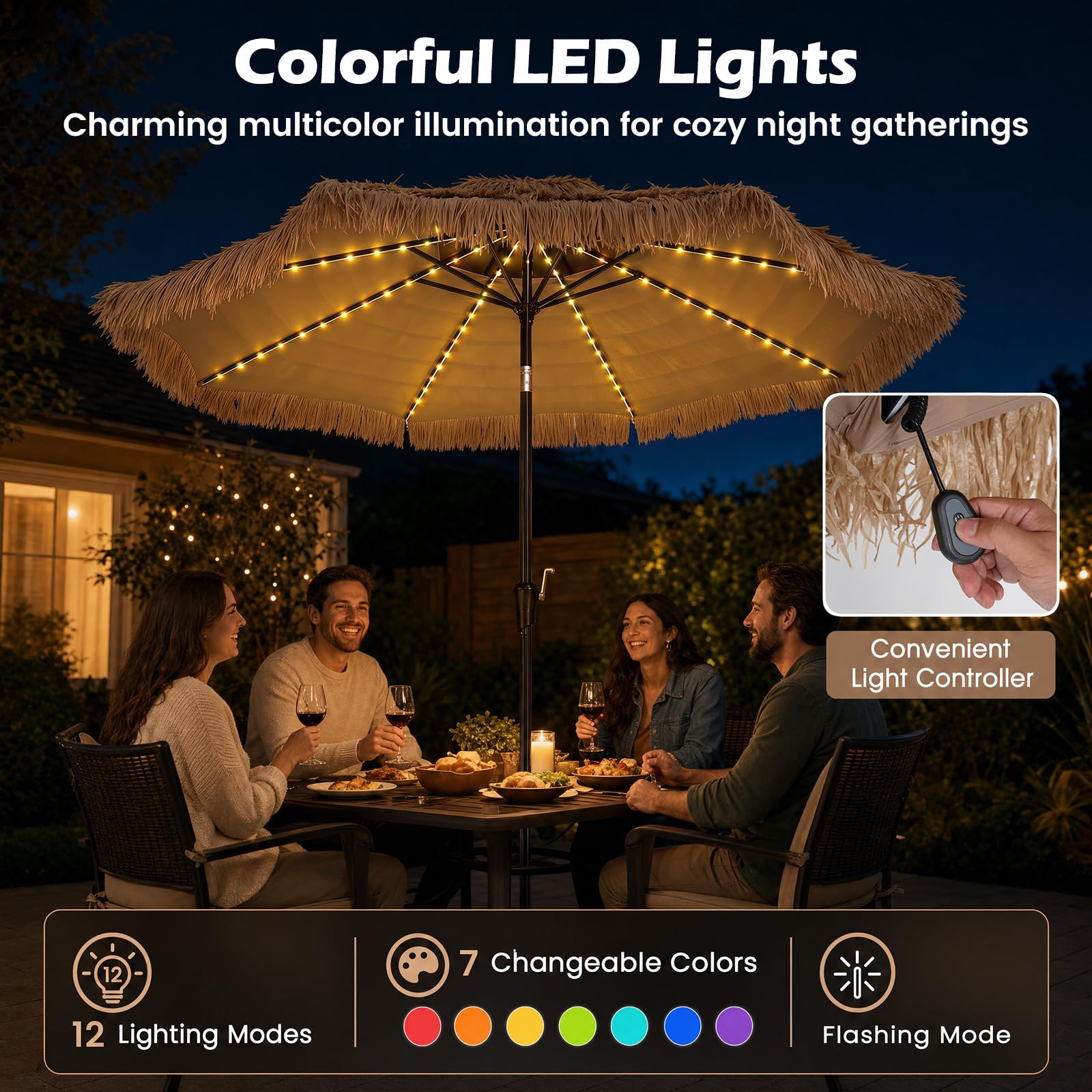 COSTWAY Sonnenschirm Hawaii mit LED-Beleuchtung, 300 cm Strohschirm kippbar | Gartenschirm mit 12 Beleuchtungsmodi & Kurbel, Strandschirm Stroh, Terrassenschirm für Garten, Balkon, Terrasse