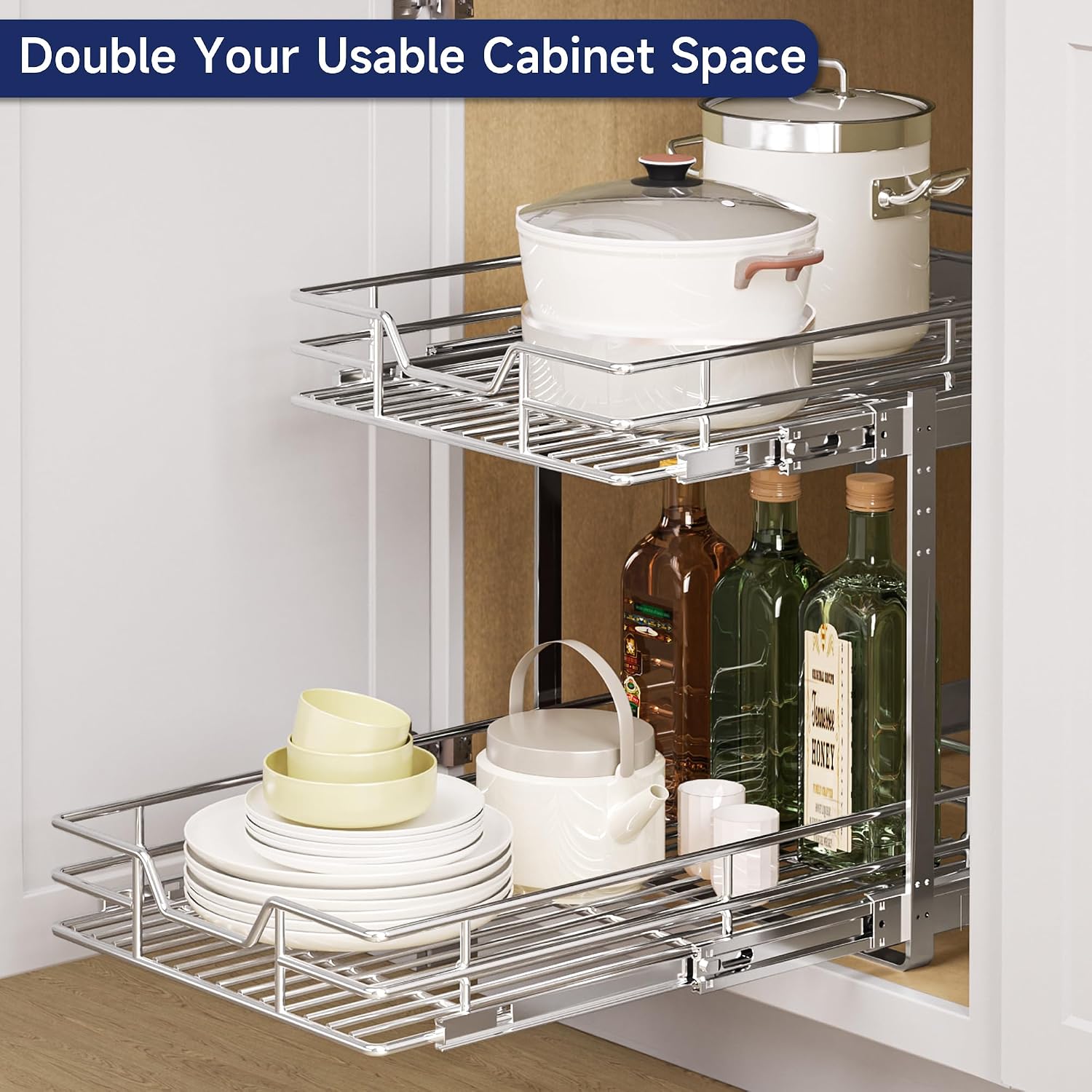 2-Tier Pull Out Cabinet Organizer, 16.5" W x 21.5" D, Heavy Duty Dual Slide Out Shelves for Base Cabinets, Chrome Wire Basket Drawer for Pantry, Kitchen & Bathroom Storage