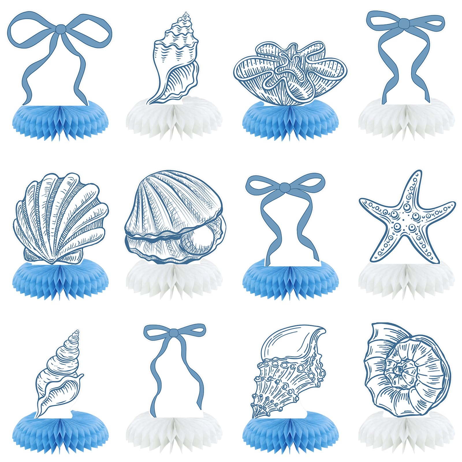Photo 1 of 12 Pcs Blue Bow & Seashell Birthday Party Table Decor, Blue Bow Honeycomb Centerpieces, Summer Coastal Beach Party Decor, Starfish Seashell Table Topper for Birthday Bachelorette Bridal Wedding