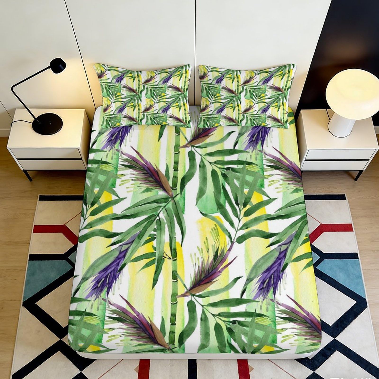 3D Printed Tropical Leaves Fitted Sheet Microfiber Deep Pocket Non-Slip Tropical Mattress Fitted Cover for Bedroom 180x200x25cm