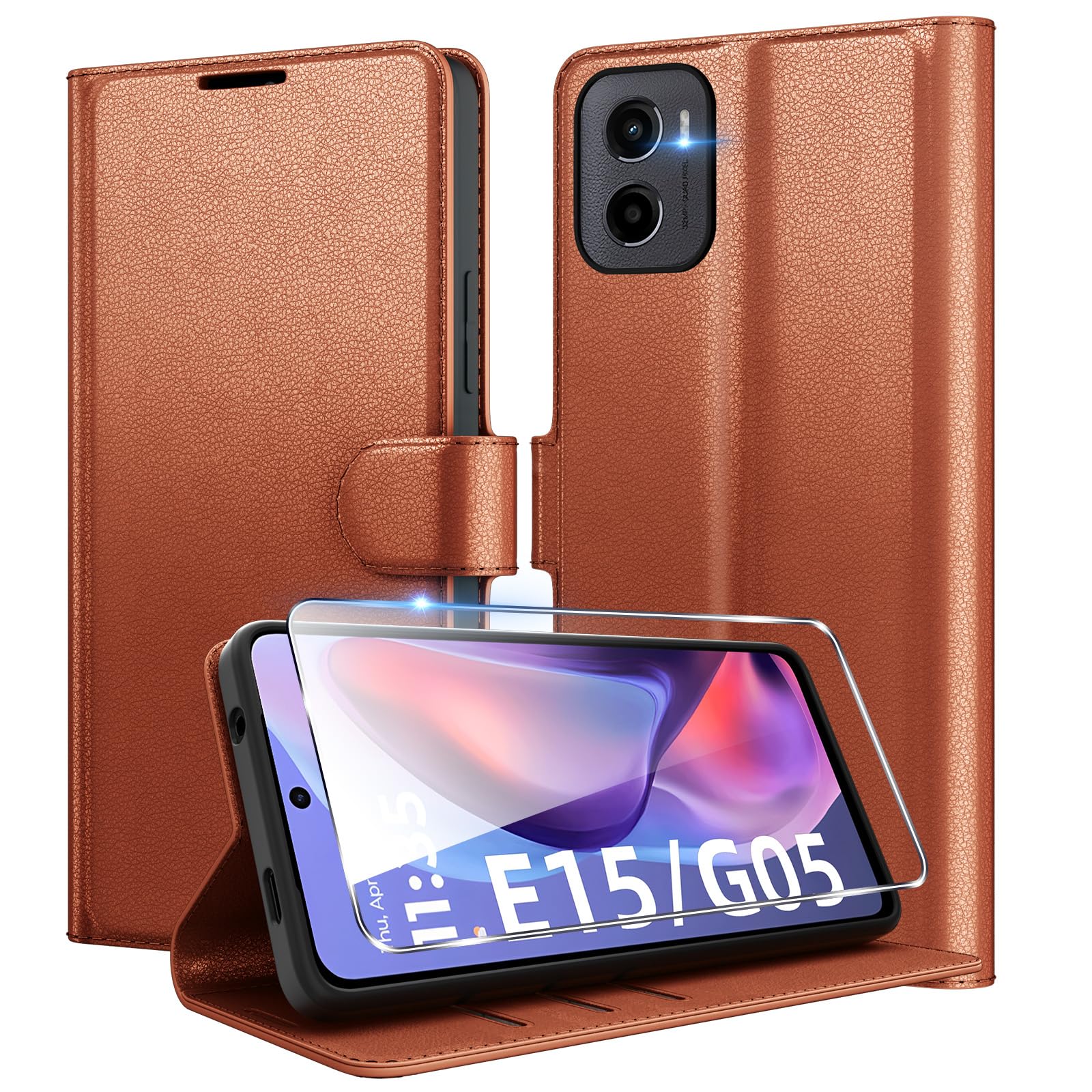 Eirltiy Cover per Motorola Moto E15 / G05 Portafoglio Pelle PU Premium, Custodia Porta Carte Antiurto Bumper Flip Case con 1 Vetro Temperato, Marrone