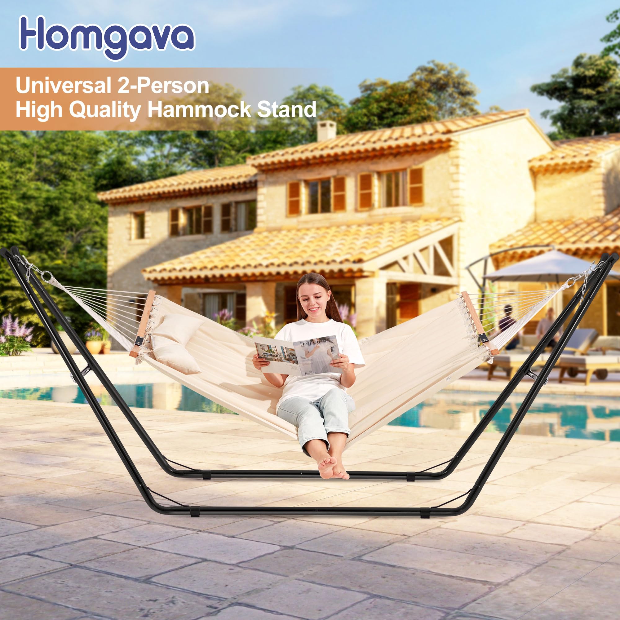 Homgava Soporte universal para hamaca para 2 personas, capacidad de 660 libras, soporte de hamaca de acero resistente, se adapta a hamacas de 9 a 14 pies, soporte universal para hamaca para interiores