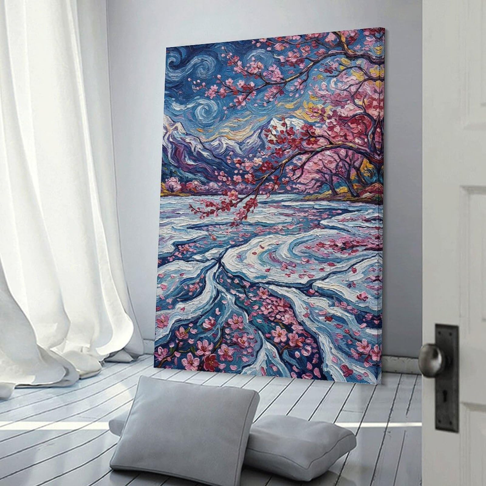 Junmoney Cherry Blossoms And Mountains Painting Decorative Canvas Print, 24x36inch(60x90cm), for Home, Office, Studio Or Guest Room, Canvas Wall Art That Fits Changing Layouts