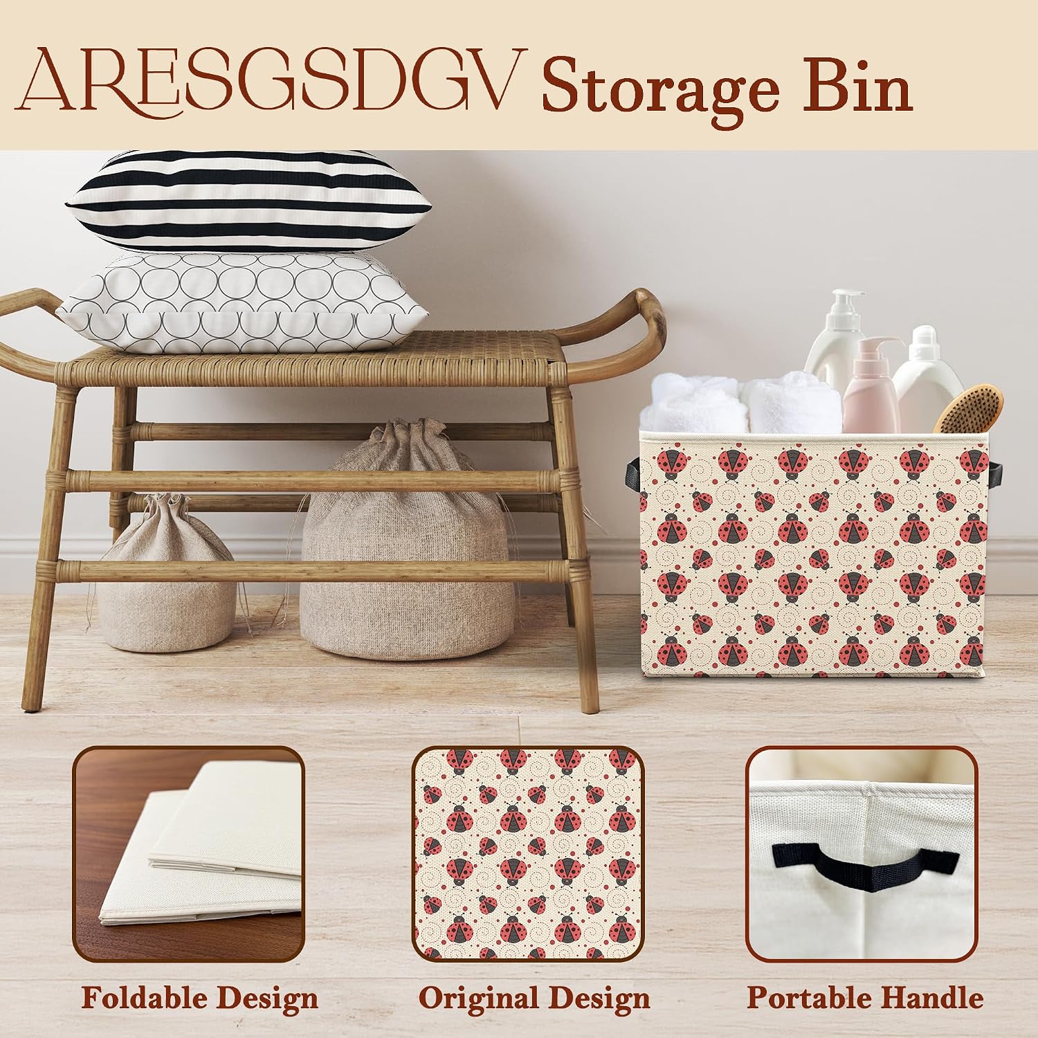 Cute Ladybug Storage Bin Basket, Ladybug Lovers Gifts Collapsible Laundry Baskets with Handles Organizer Toybox for Kids Room Bathroom Clothes Toys Books