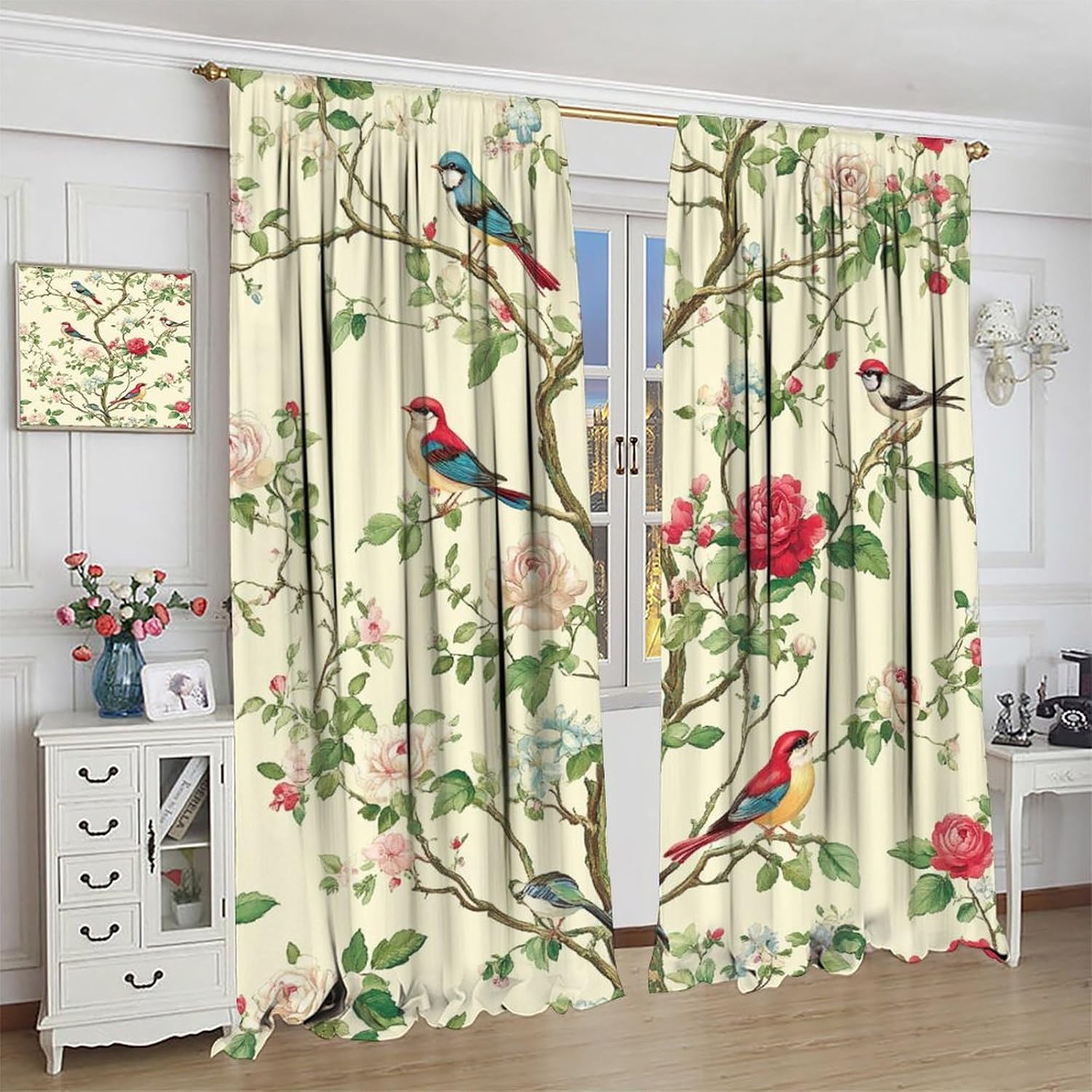 Beautiful Flower Bird Blackout Curtains for Bedroom Living Room, Rod Pocket Watercolor Plant Curtains Thermal Insulated Window Drapes 2 Panels, Each 21W x 45L