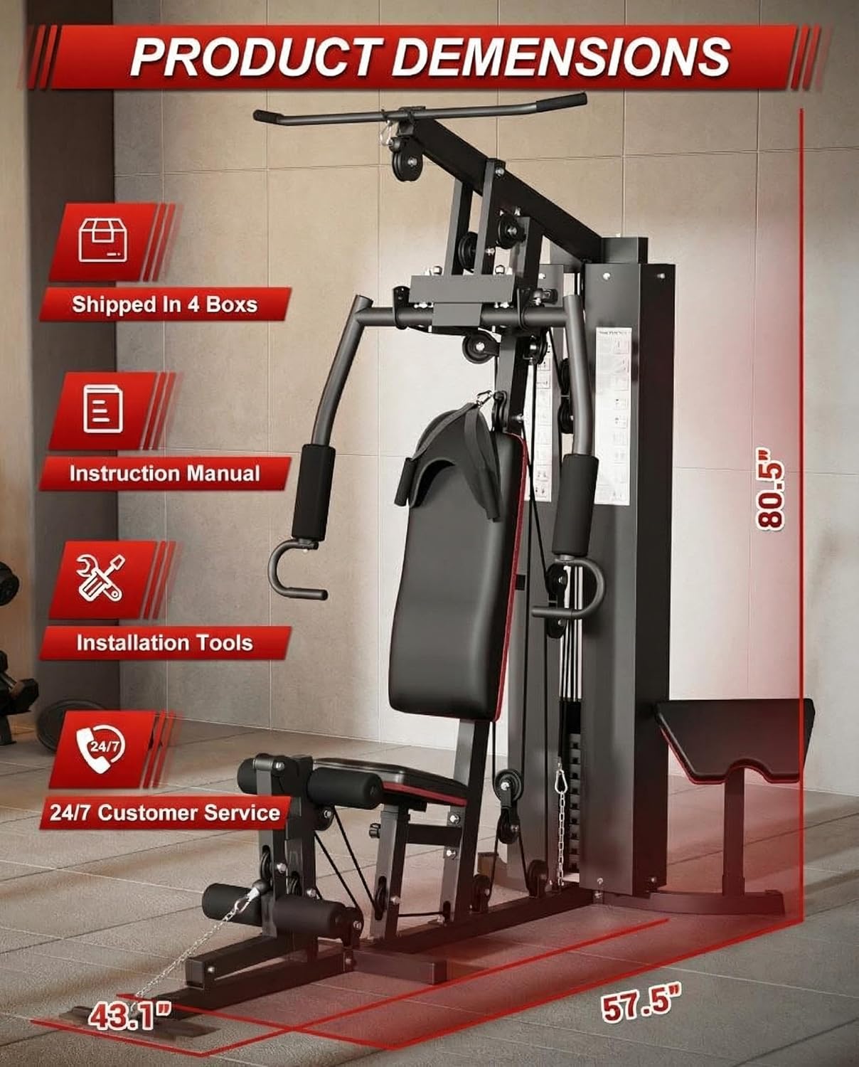 Multifunctional Home Gym Machine with 150LB Weight Stack, Full Body Workout Station for Strength Training, LAT Pulldown, Chest Press, Leg Extension & Row, Compact Home Gym Equipment for Men & Women
