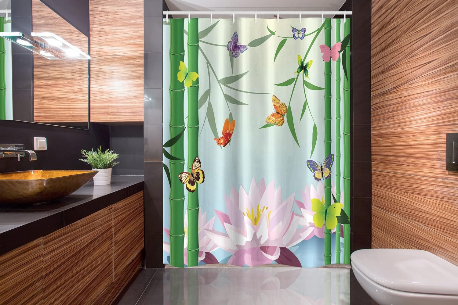 Ambesonne Butterfly Stall Shower Curtain, Butterflies on Branch of Waterlily Lotus Flower Exotic Nature Mod Graphic Art, Fabric Bathroom Decor Set with Hooks, 54" W x 78", Multicolor