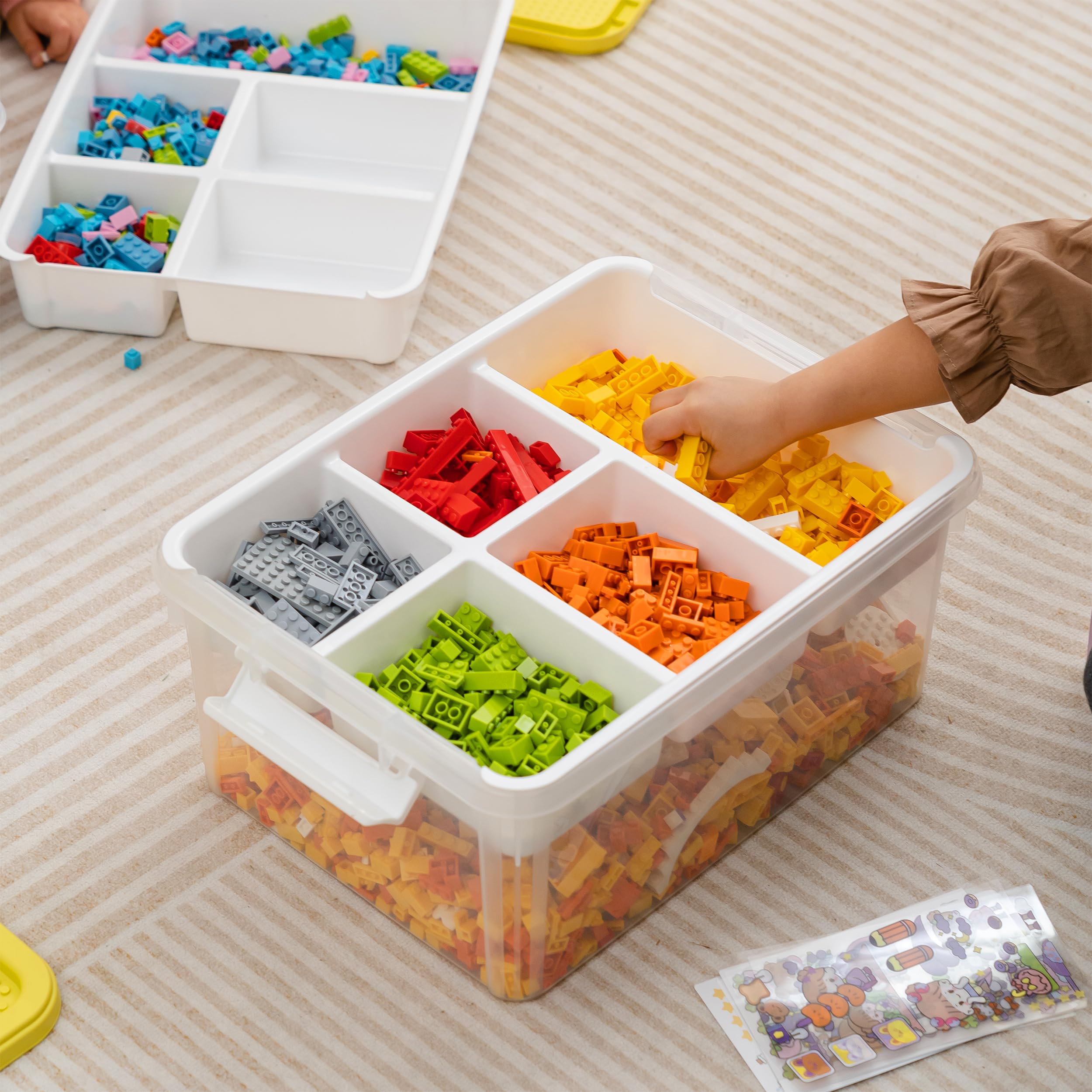 Citylife Juego de 4 cajas de almacenamiento con tapa, amarillo, plástico de 16 l con tapa de placa de construcción y bandeja extraíble, organizador para manualidades, caja transparente para organizar