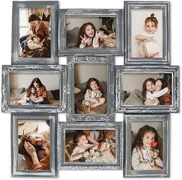 HELLO LAURA - 9 Opening Photo Frame Classic Royal Gray Ashes Frame 18 x 18 Wall Hanging Photo Frame for 4 x 6 inch Photo Sockets x 9 Frame Edge | Gallery Style