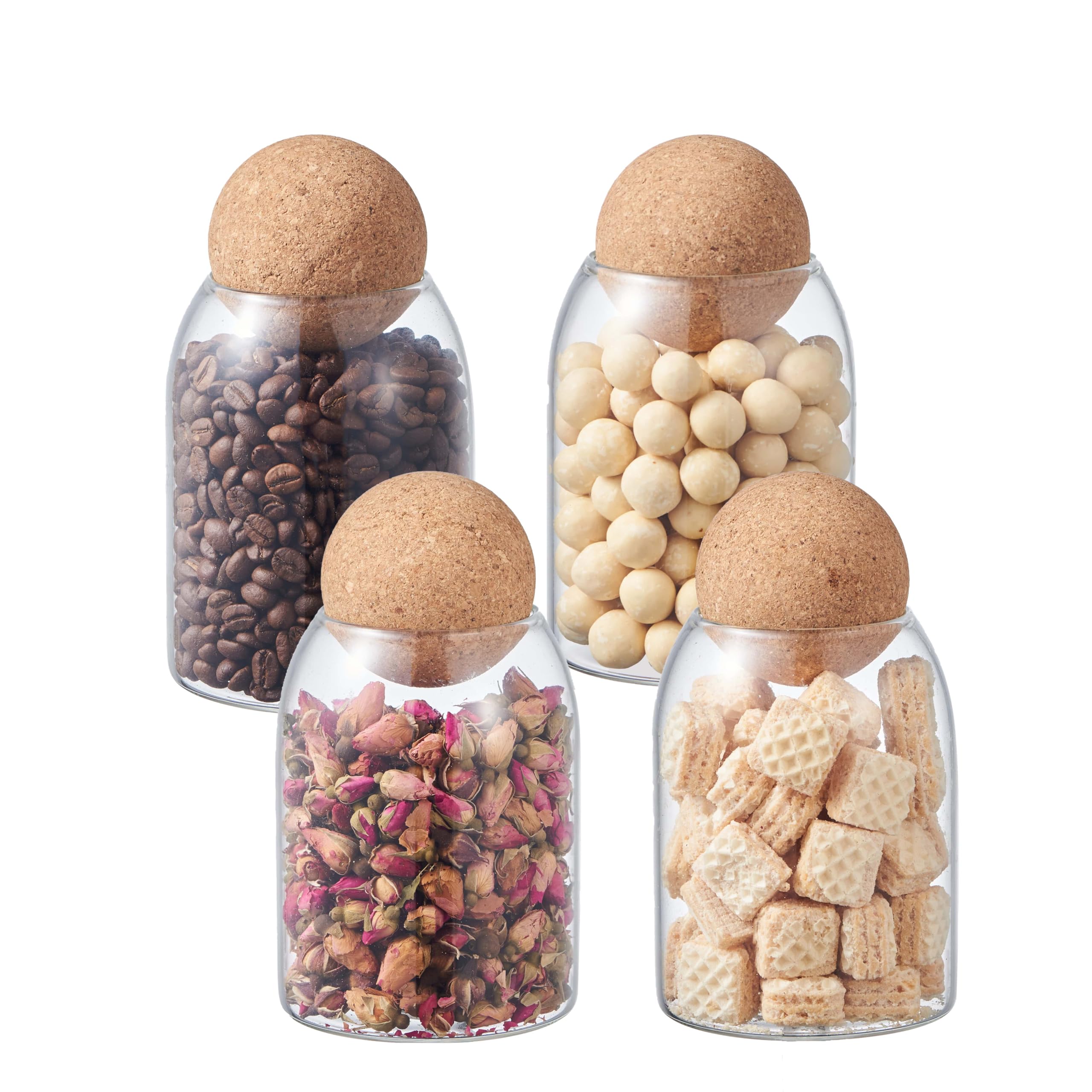 Clear Glass Kitchen Storage Jar with Cork Ball | Mason Food Canister Jar with Spherical Cork Lid | BPA-Free Pantry Organiser (Set of 4, 0.5L)