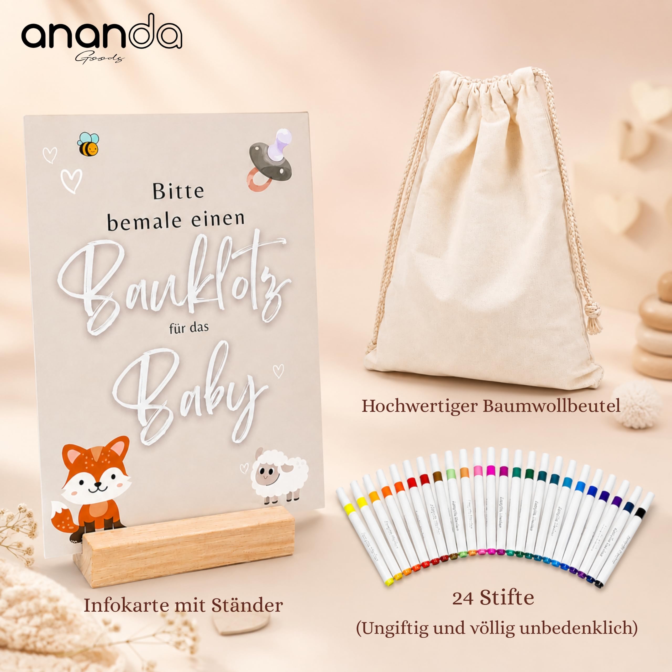 Bauklötze Bemalen Babyparty – Spiele & Baby Party Dekoration, Geschenk zur Geburt & Baby Shower, kreative Partyaktivität - 26 Bauklötze / 53 Teile