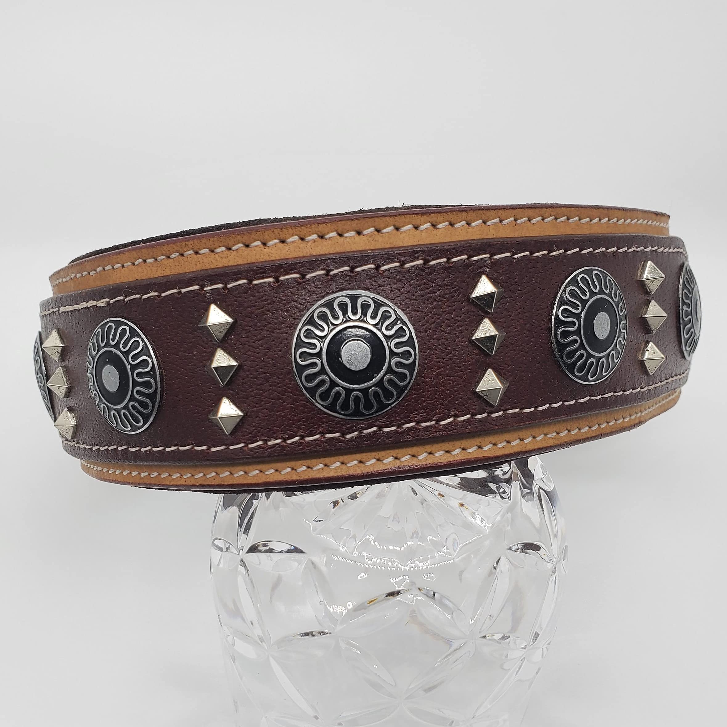 Blazing Paws Armington Wide 2 inch Luxury Thick Leather Western Dog Collar for Large Dogs, Soft Suede Padded Dog Collar with Shield Conchos and Square Studs (L: 15-19", Natural/Brown)