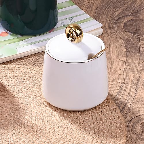 Miniatura 5 de Tazones de azúcar de cerámica con cuchara de acero inoxidable tazón de sal con tapa para el hogar y la cocina, color blanco