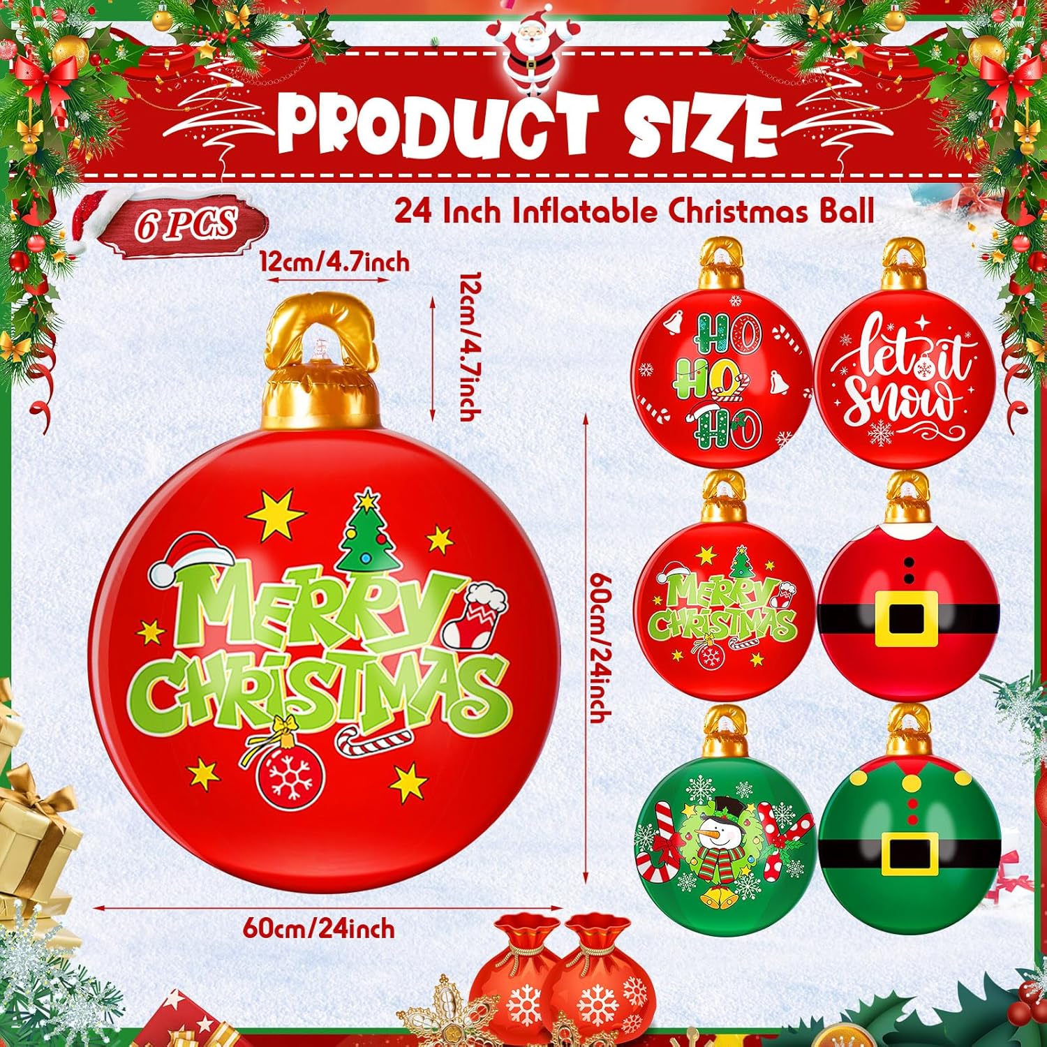 jetec 6 pcs giant inflatable christmas balls 24 inch pvc large inflatable christmas decorated ball christmas inflatables indoor outdoor xmas ornaments for yard lawn porch holiday decorations(vivid)