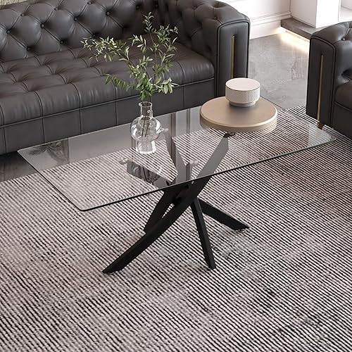 Mesa de centro de cristal rectangular moderna de 40 pulgadas, mesa de sala de estar con patas de metal negro, mesa central elegante para sala de