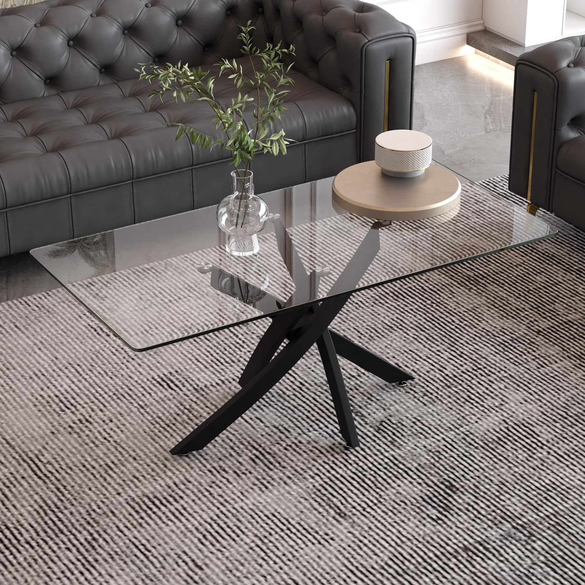 GOLDFAN Glass Coffee Table Rectangle Modern 40'' Living Room Table with Black Metal Legs Stylish Center Table for Living Room Office