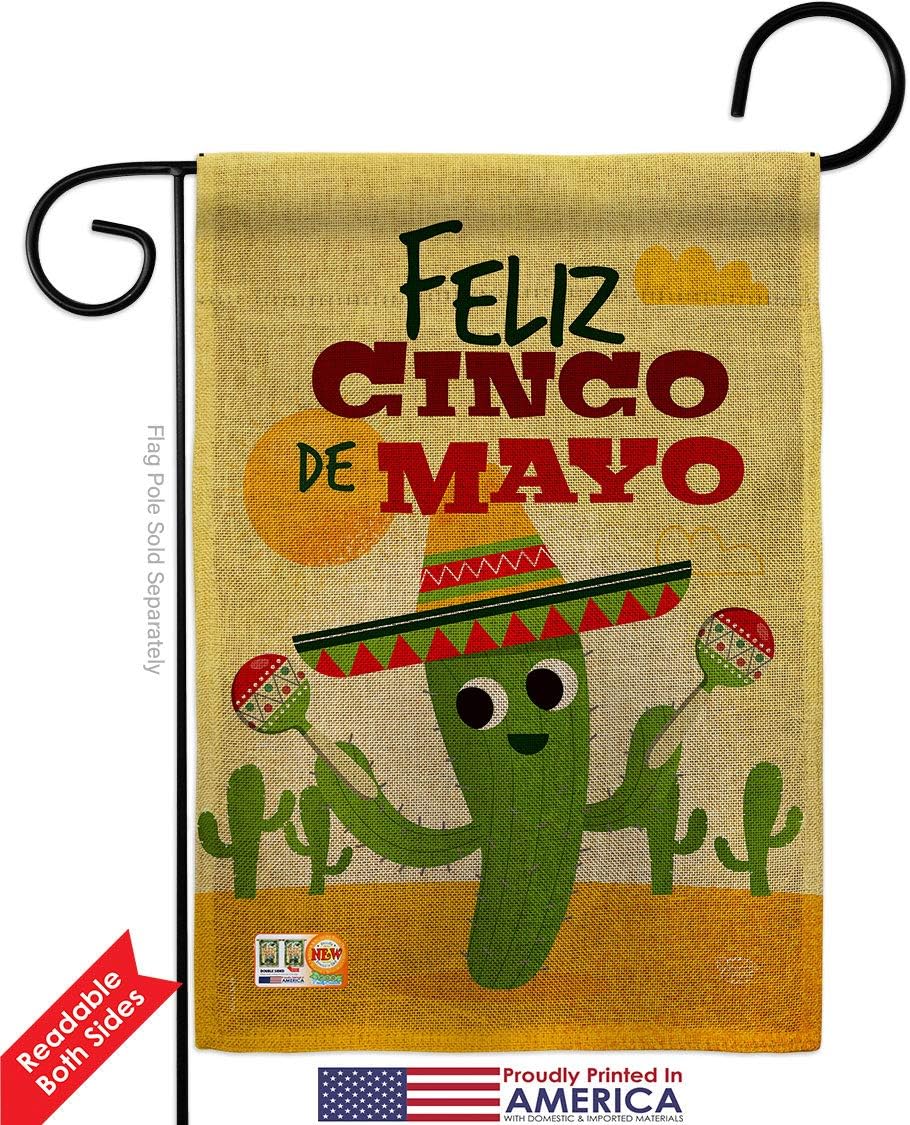 Feliz Cinco de Mayo Burlap Garden Flag Set Wall Holder Summertime Party Cactus Pinata Sombrero Mexican Fiesta Outdoor Small Decorative Gift Yard House Banner Double-Sided Made In USA 13 X 18.5