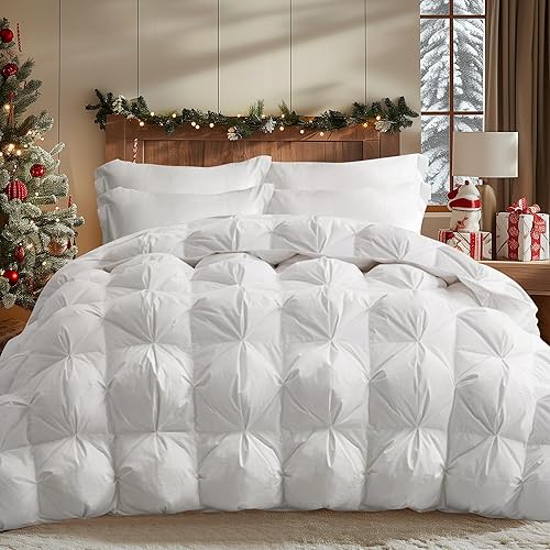 puredown Edredón de plumas tamaño King, relleno de edredón blanco plisado con lazos en las esquinas, edredón transpirable y ultrasuave colección de